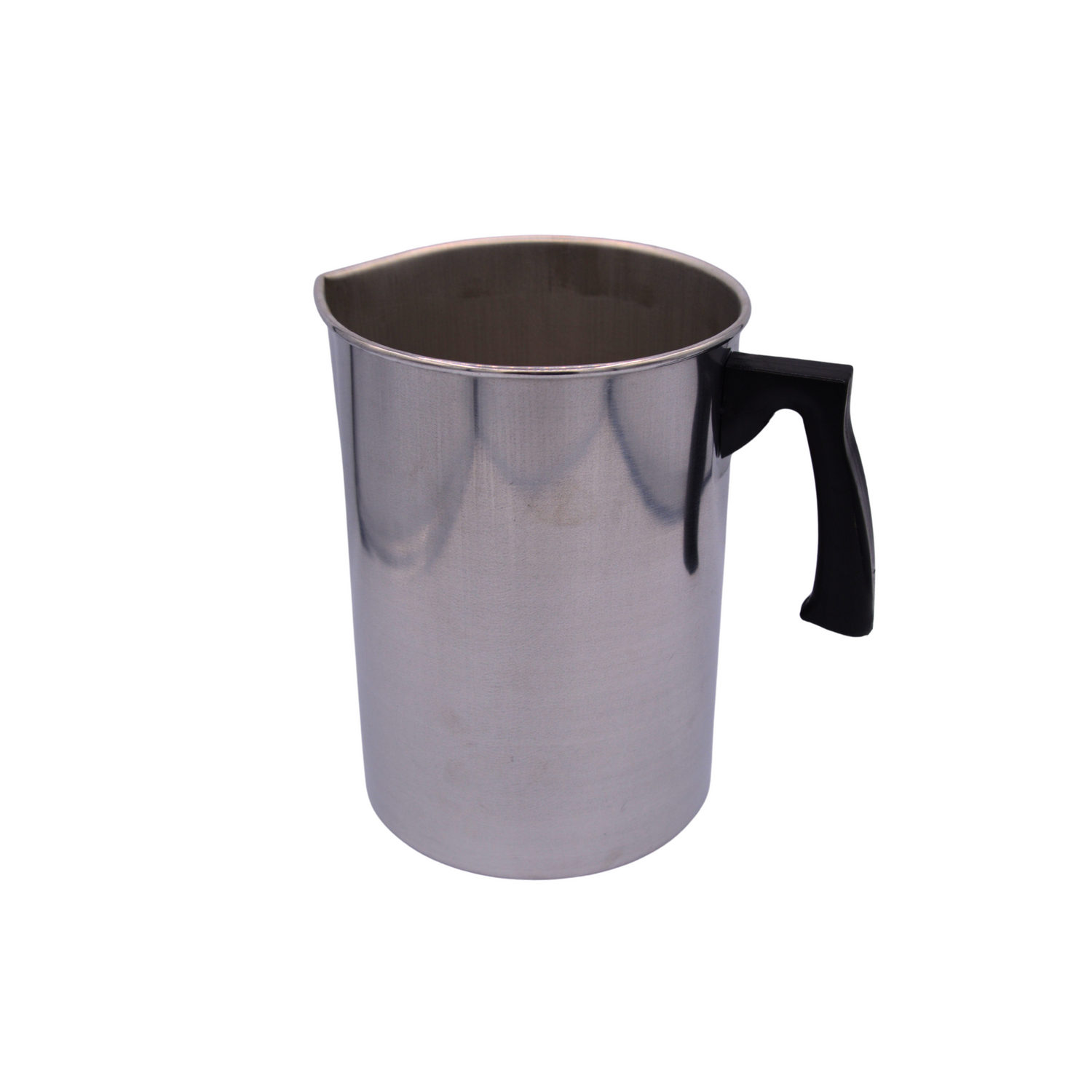 Metal wax melting pot with a black handle on a white background