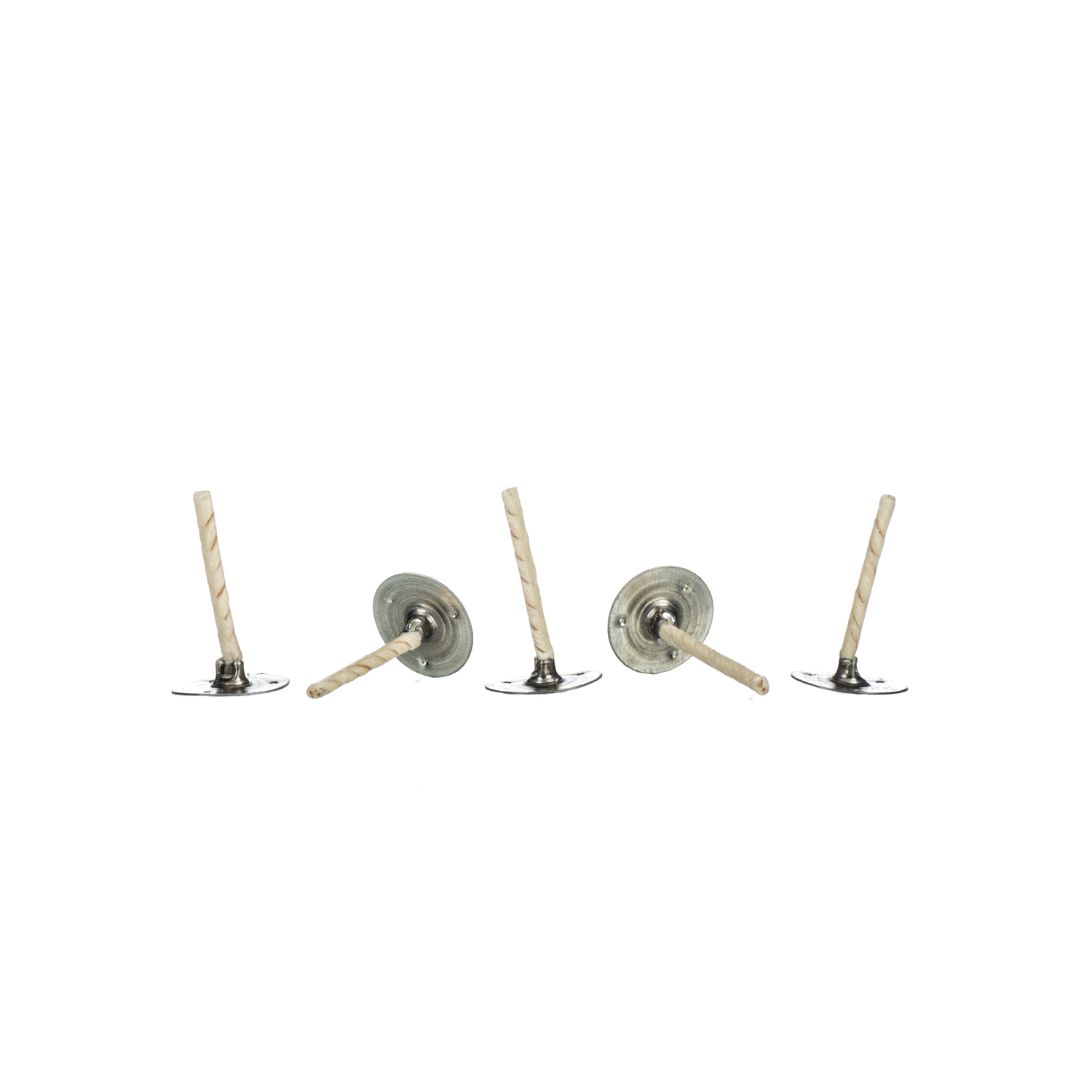 Five white tealight candle wicks with silver wick tabs on a white background