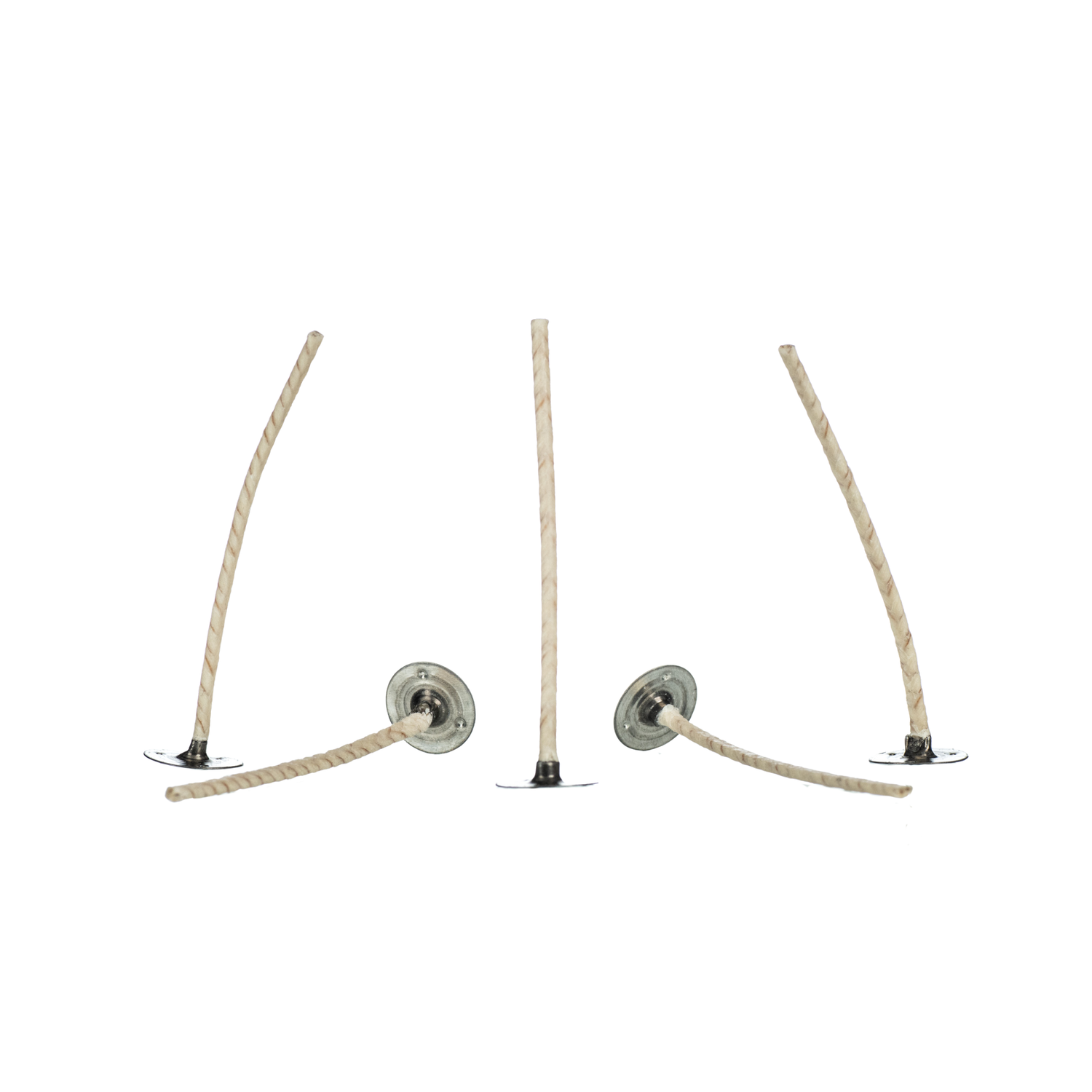 Five white candle wicks attached to silver wick tabs on a white background