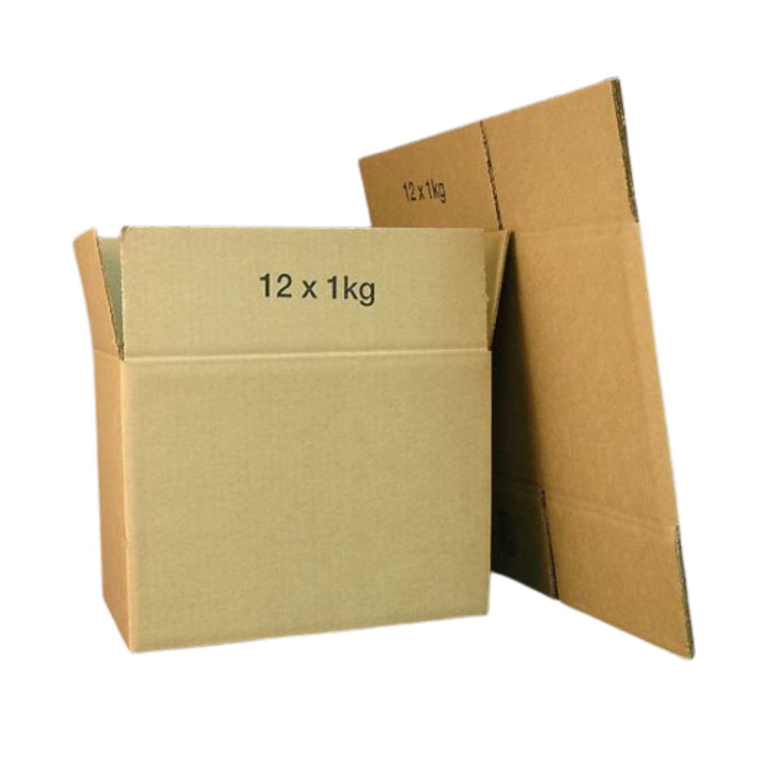 A corrugated cardboard box with the text '12 x 1kg' printed on it, indicating its capacity for 12, 1-kilogram honey containers or 24, 500-gram honey containers.