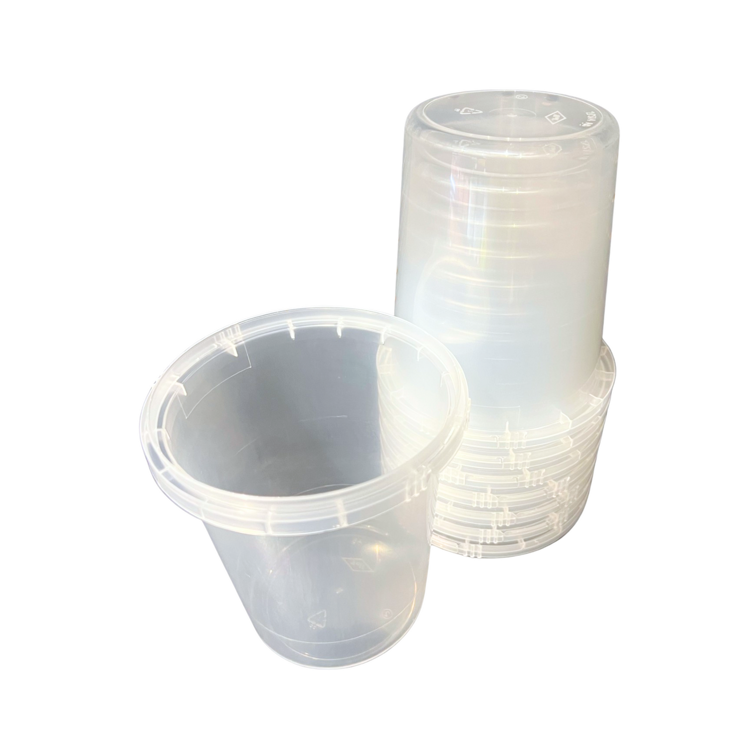 a stack of 1kg clear plastic containers on a white background