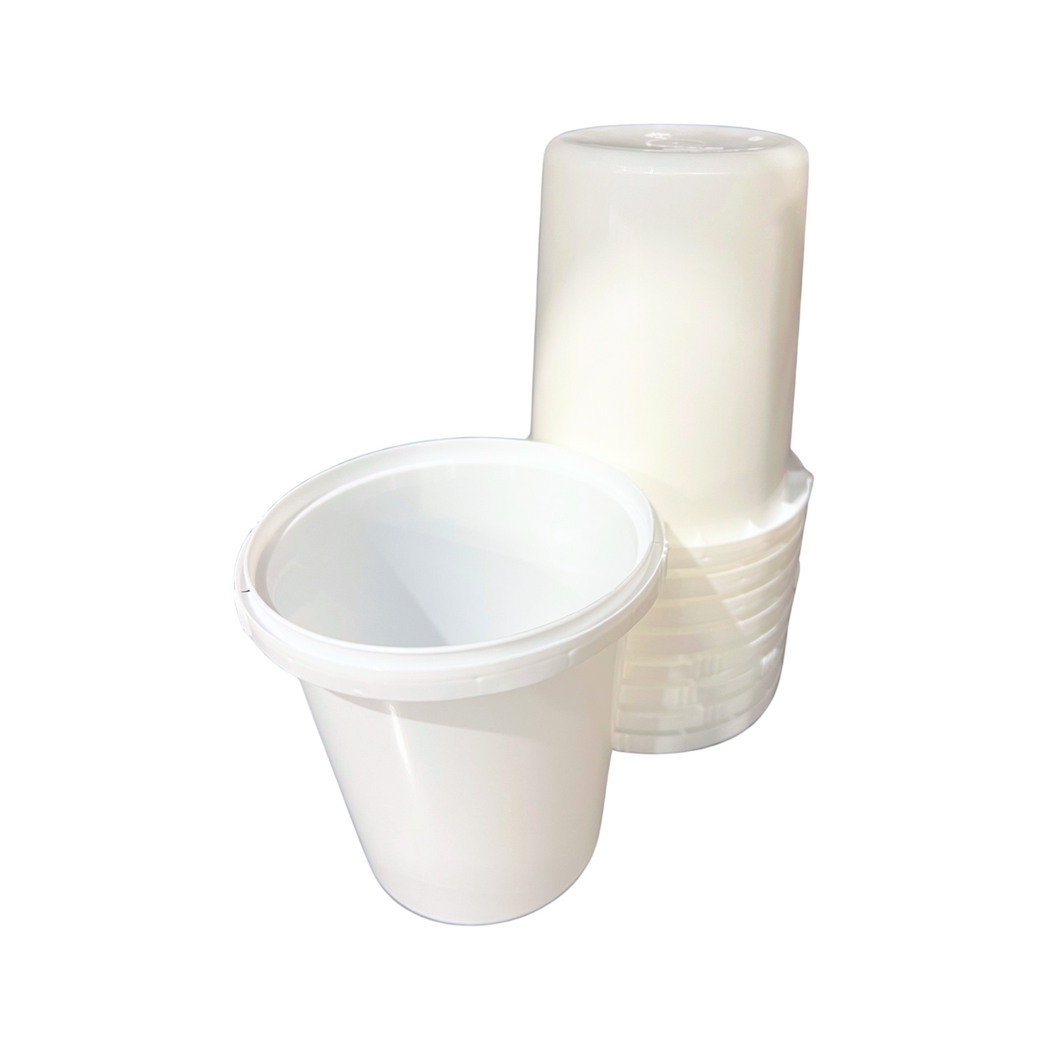 a stack of 1 kg white plastic tubs on a white background