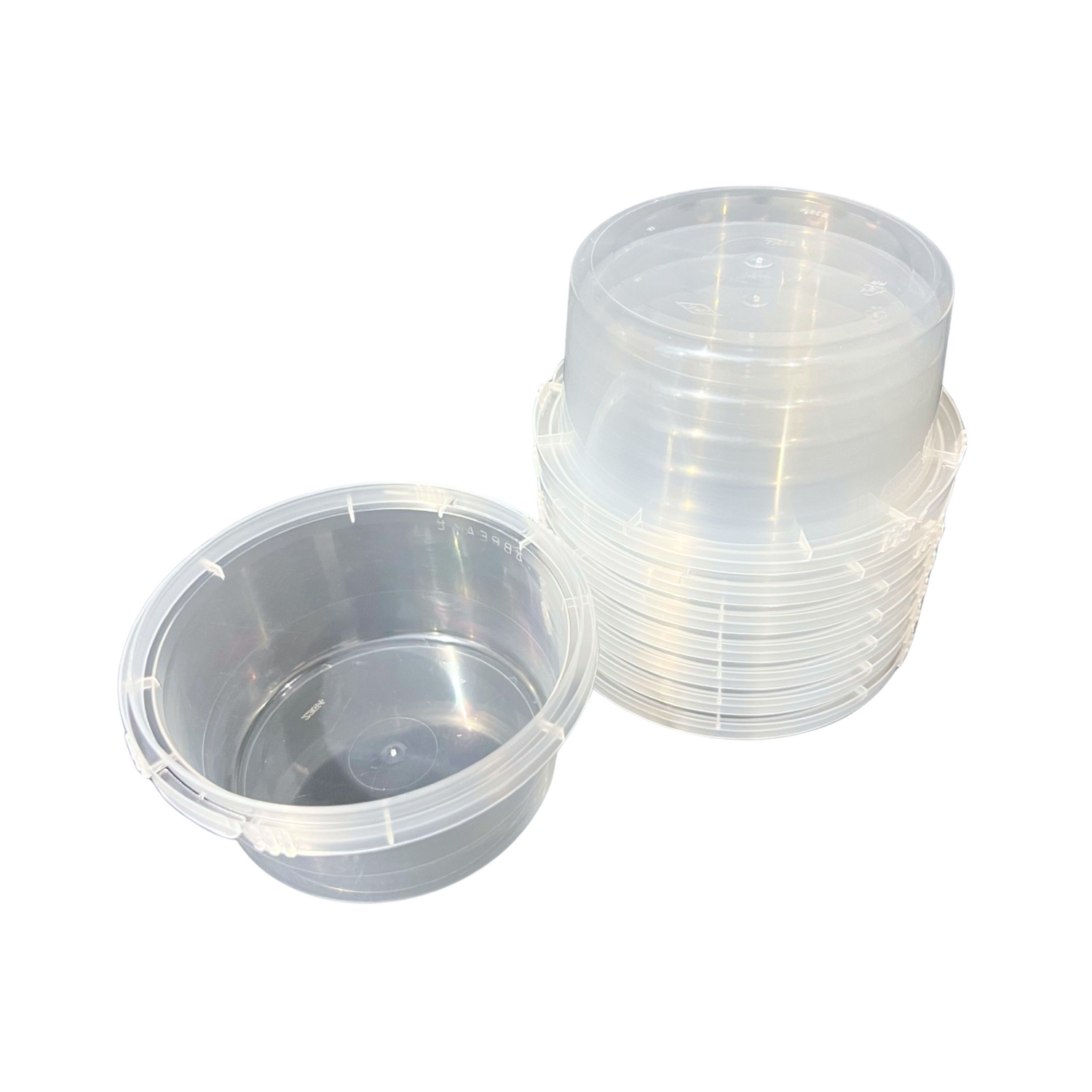 A stack of 500gram clear plastic containers on a white background