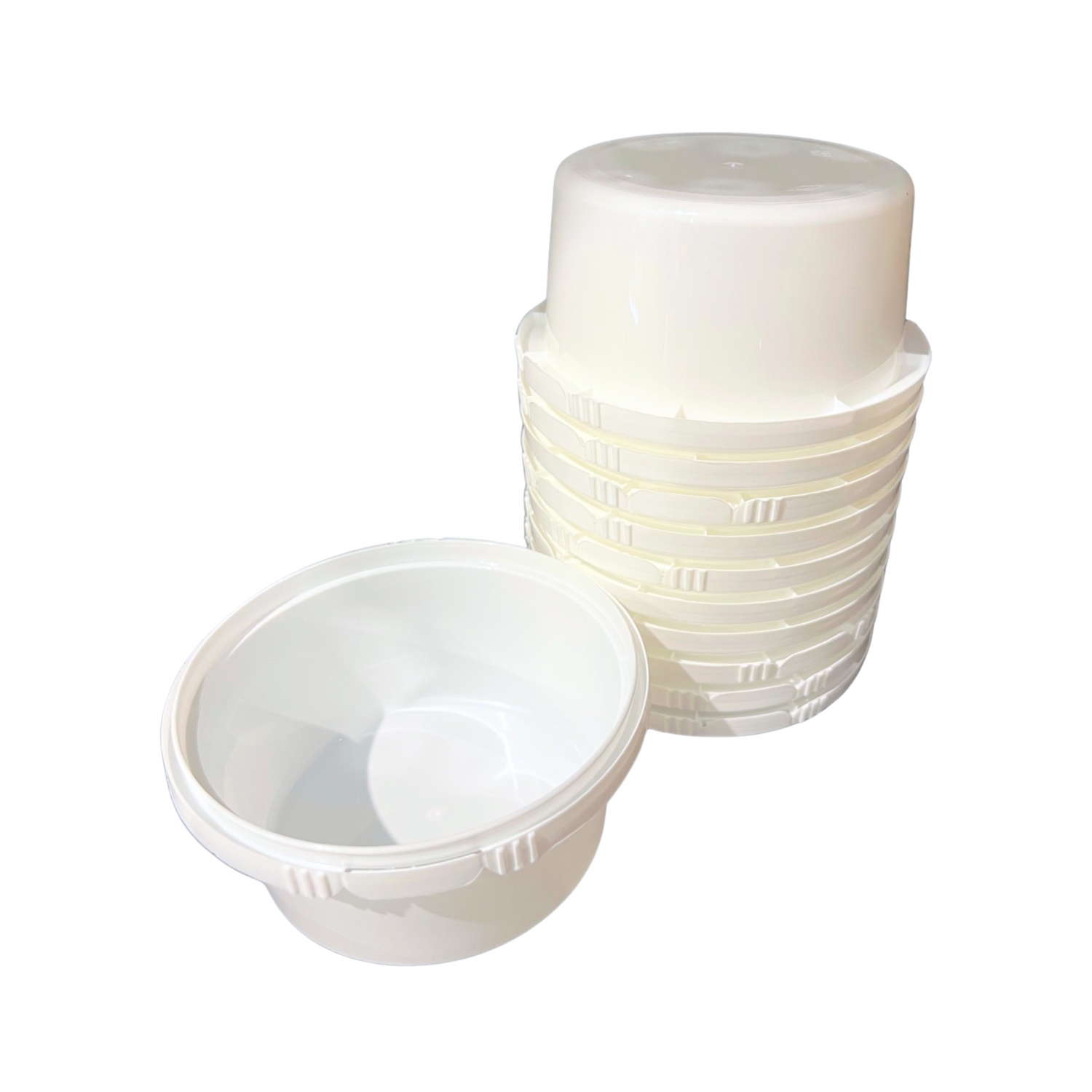 a stack of 500 gram white plastic tubs on a white background