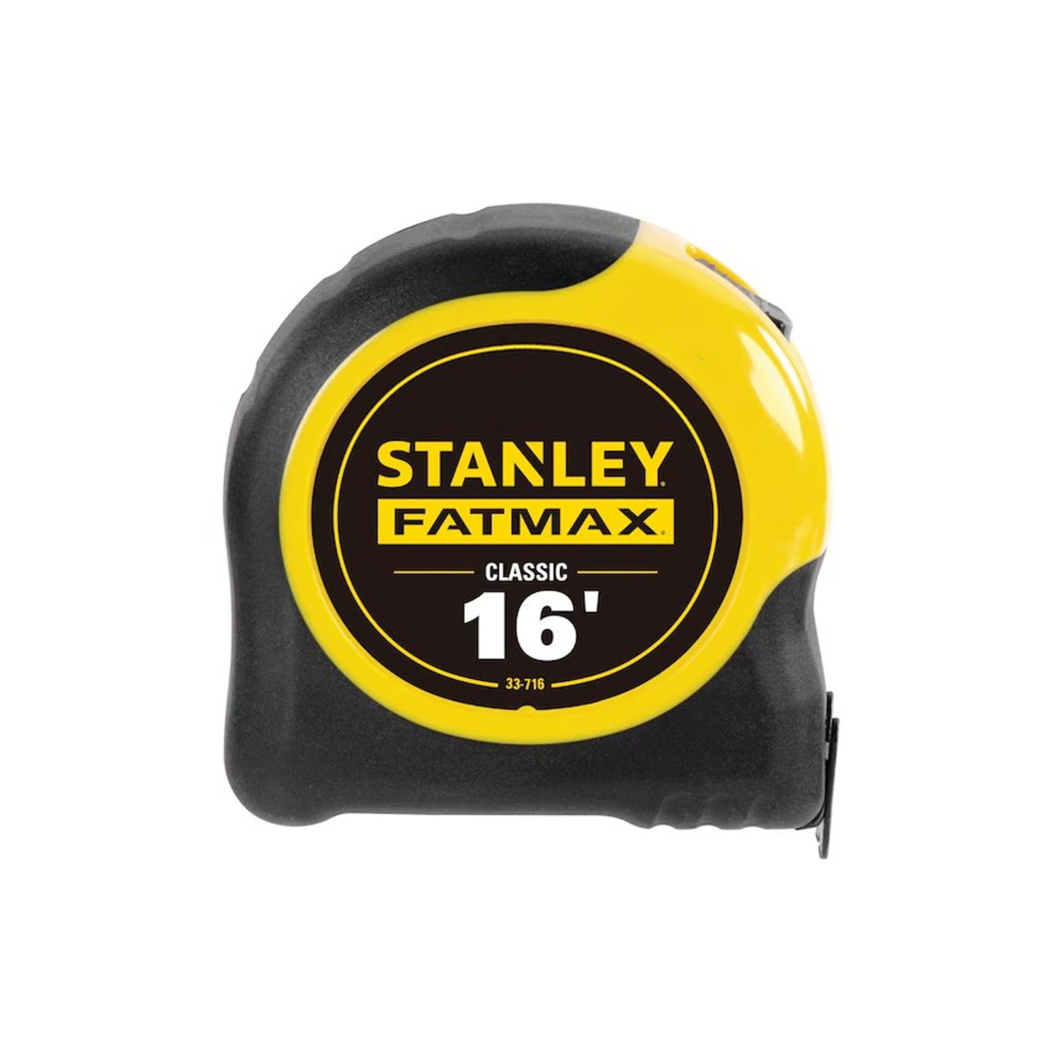 A yellow and black tape measure container with Stanley branding on a white background