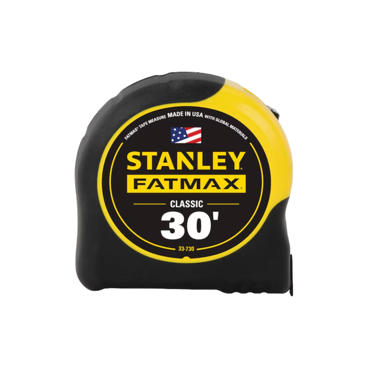Stanley FatMax tape measure with black and yellow design on a white background