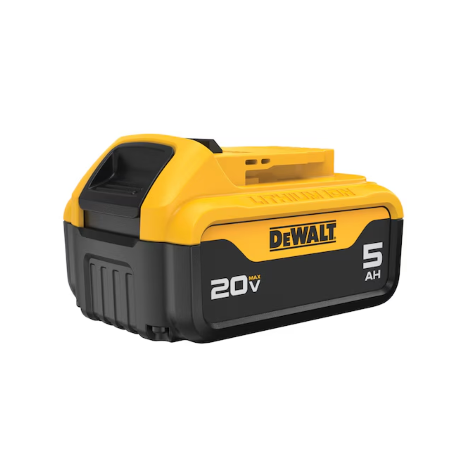 A yellow and black DEWALT battery on a white background