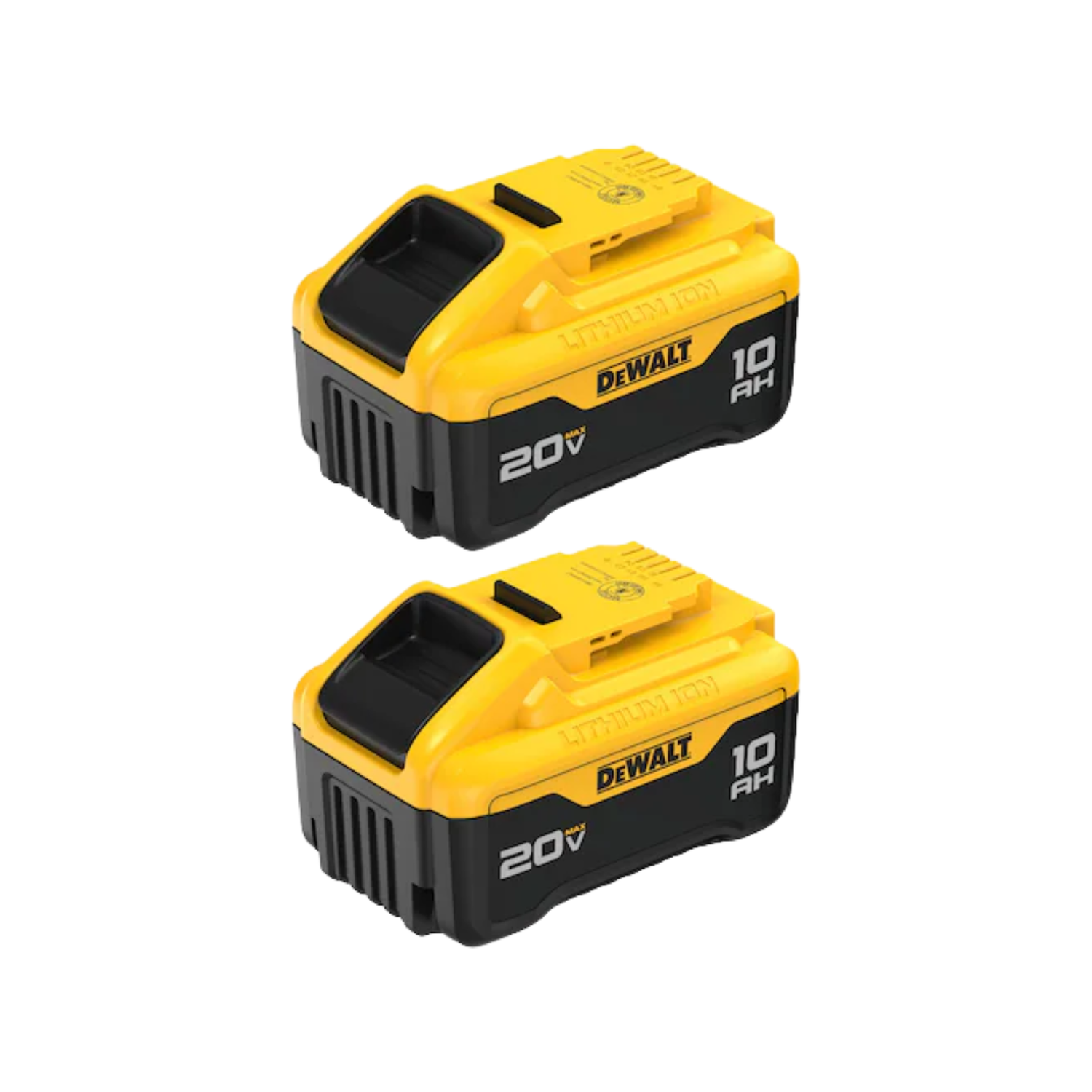 Two Dewalt battery packs on a white background
