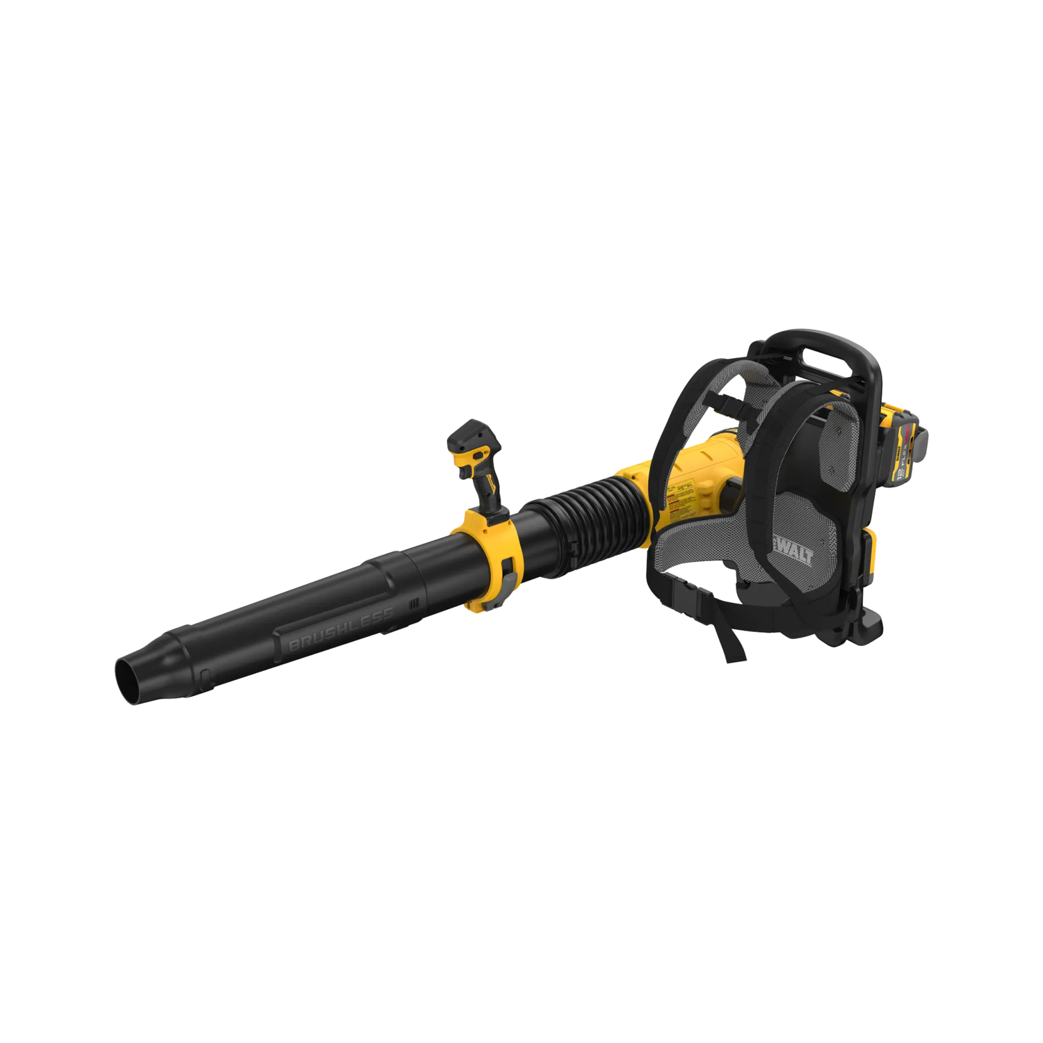 A yellow and black blower with a backpack attachment on a white background