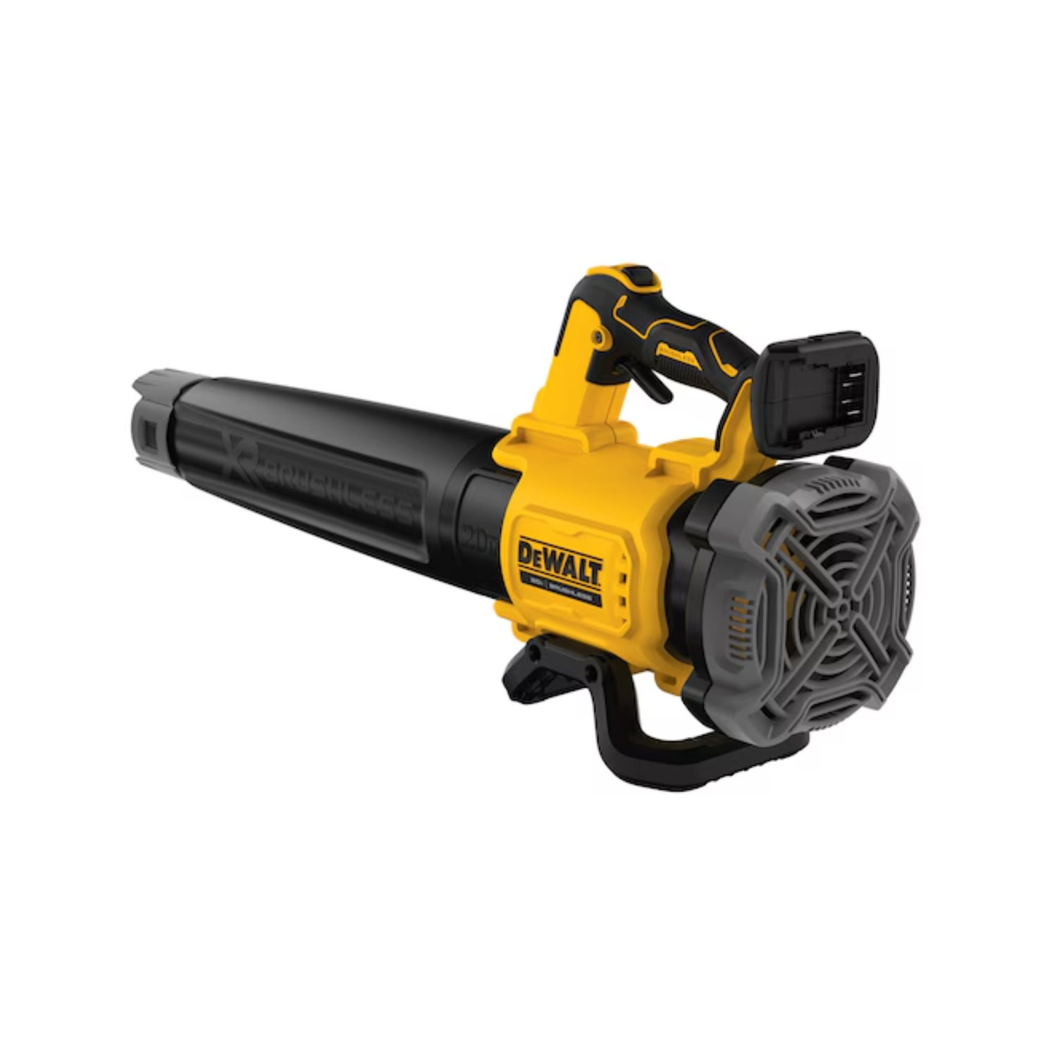 Yellow and black DeWalt blower on a white background