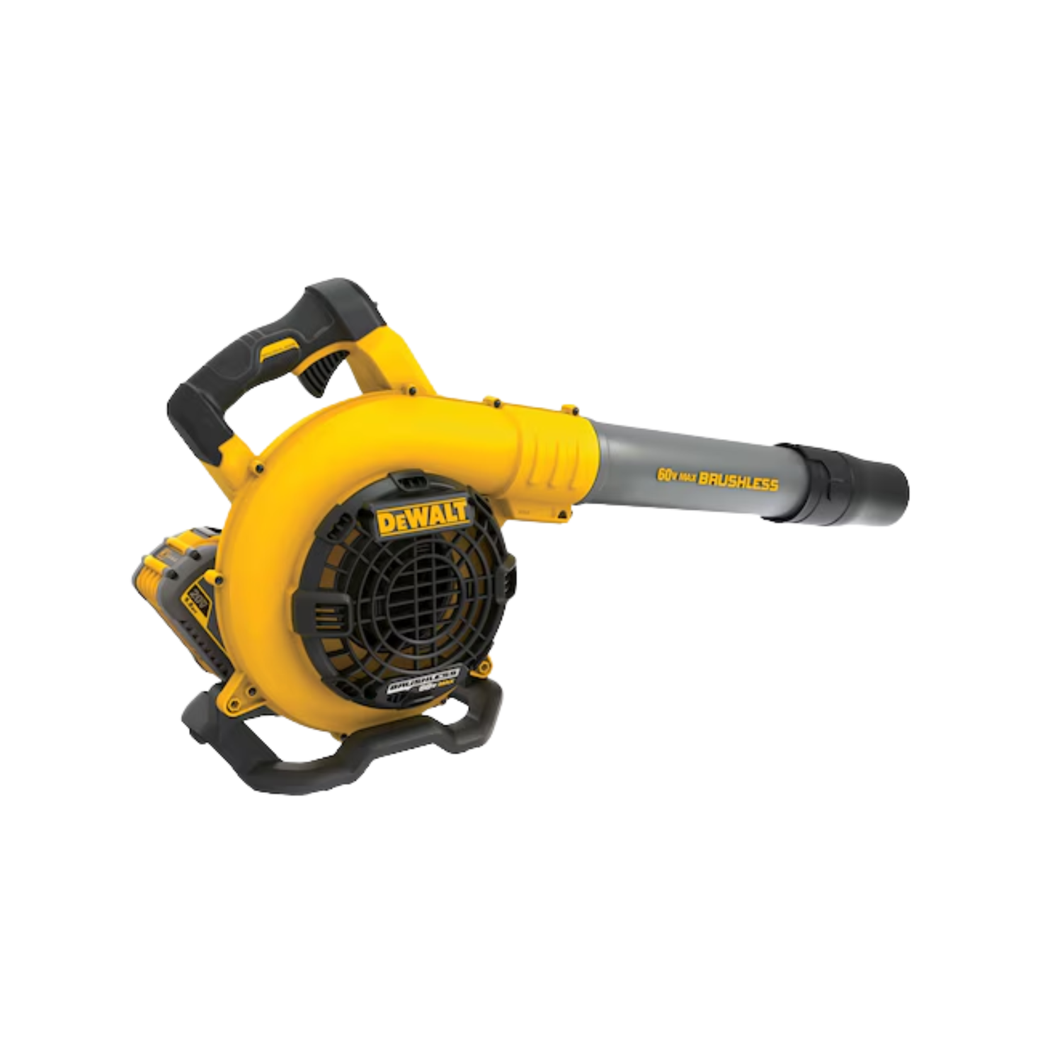 A yellow and black handheld blower with DEWALT branding on a white background