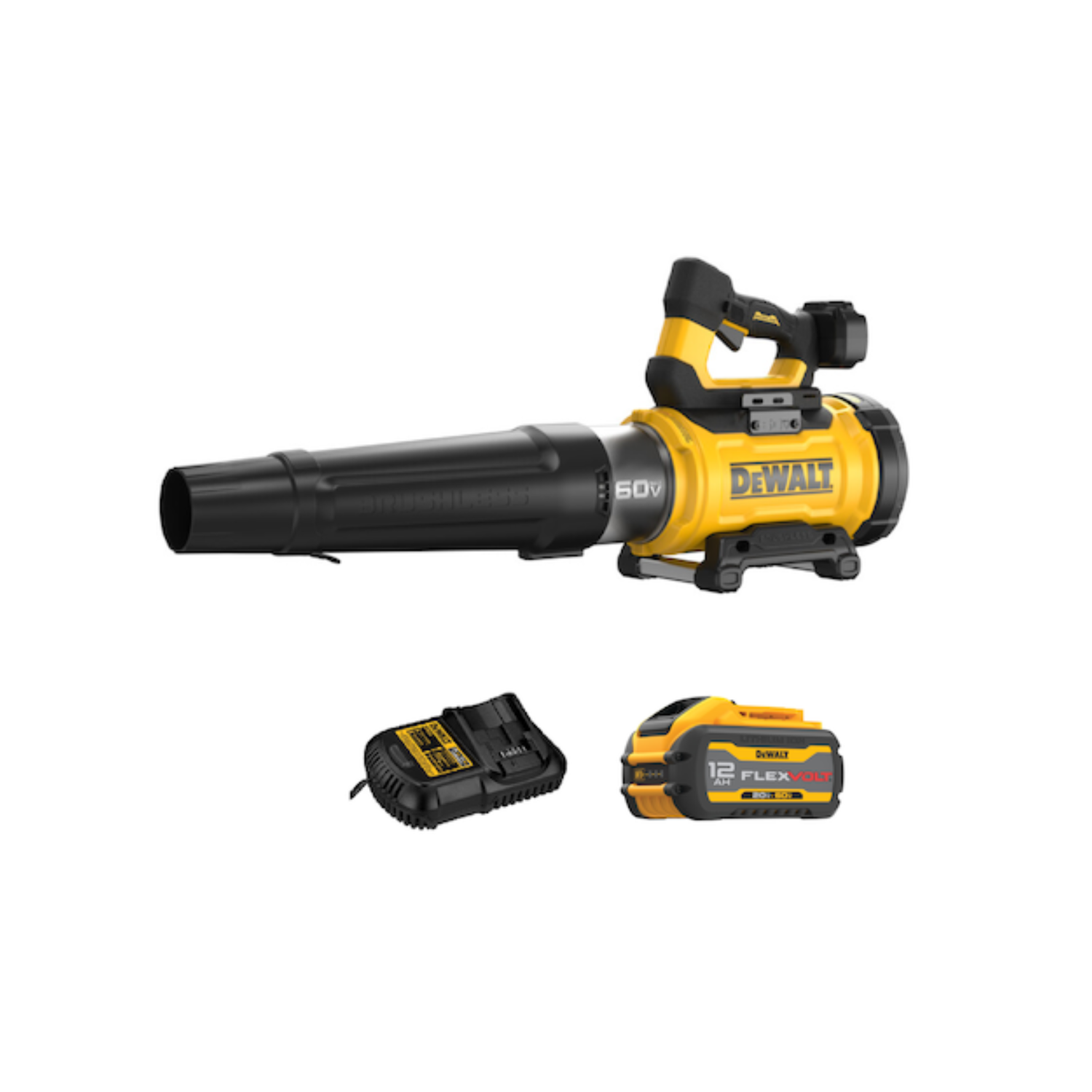 A yellow and black DEWALT handheld blower with a battery and charger on a white background