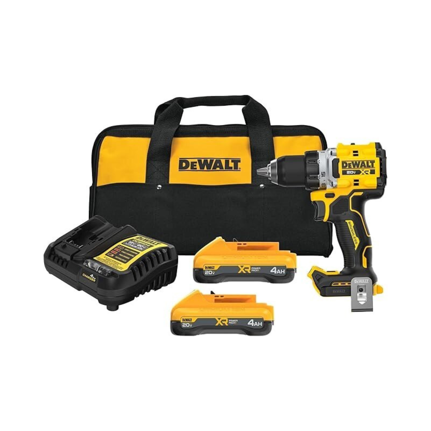 DeWalt power drill/driver kit with two batteries, charger, and kit bag on a white background
