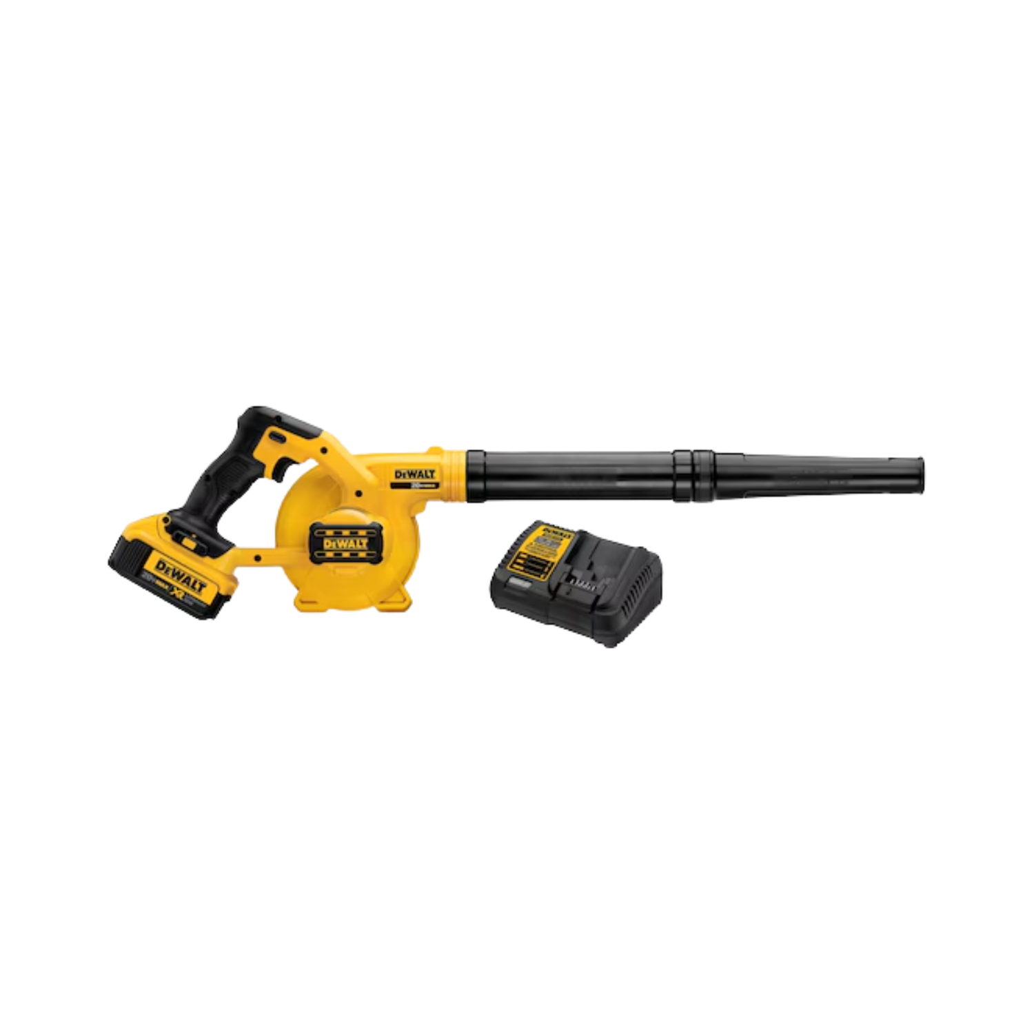 A white and black blower with a battery charger on a white background