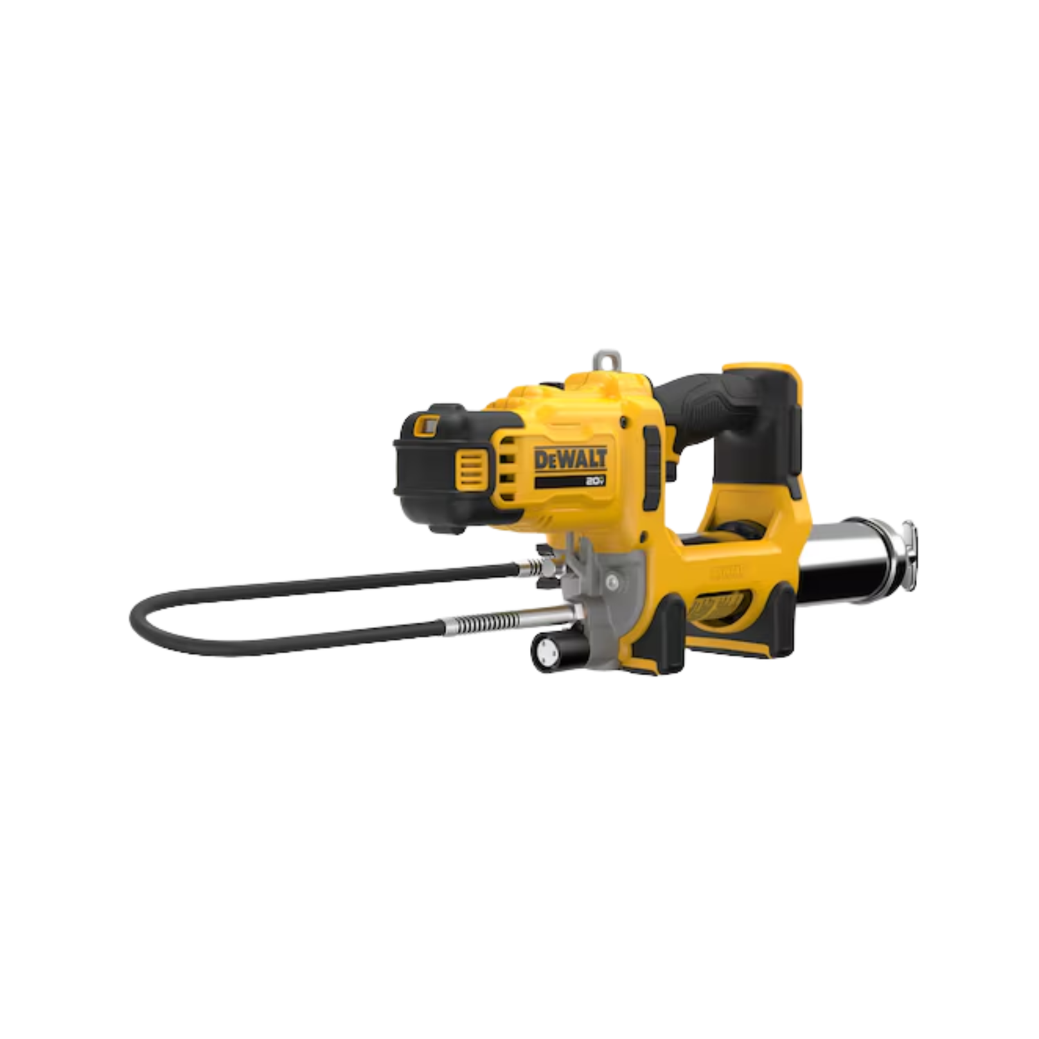 A yellow and black grease gun with DEWALT branding on a white background
