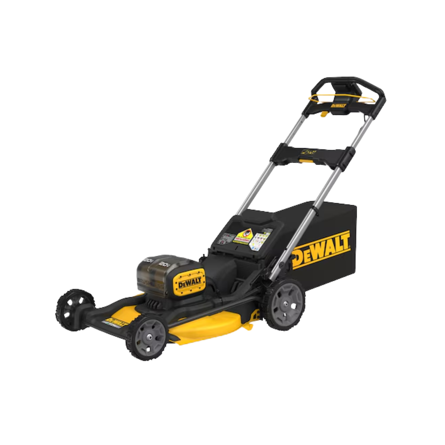 A white and black cordless push lawn mover with DEWALT branding on a white background