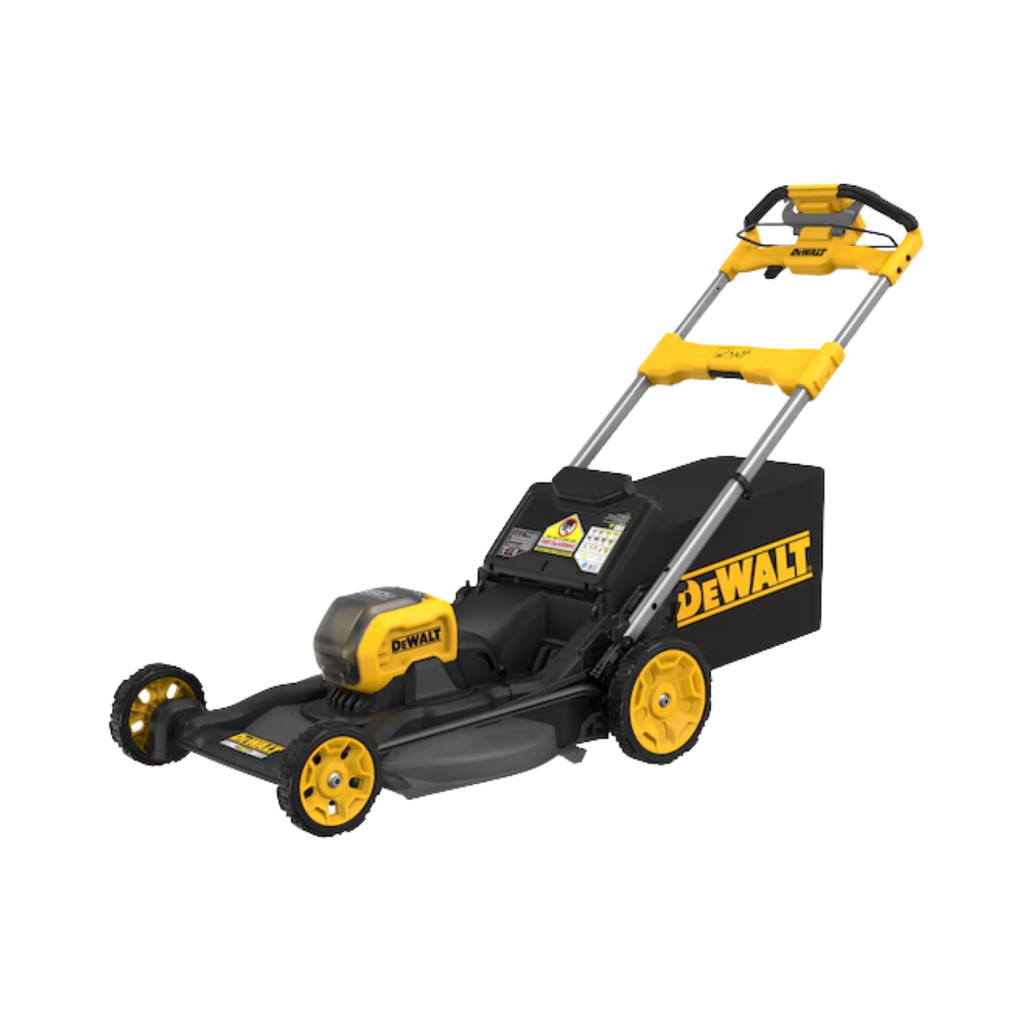 A yellow and black cordless self propelled lawn mover with DEWALT branding on a white background