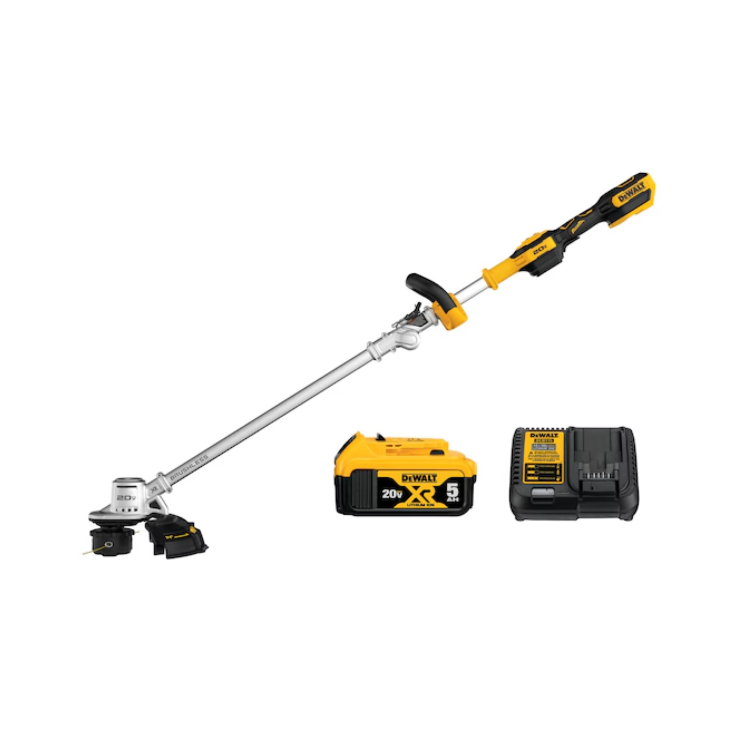 DeWalt string trimmer kit with trimmer, battery, and charger on a white background