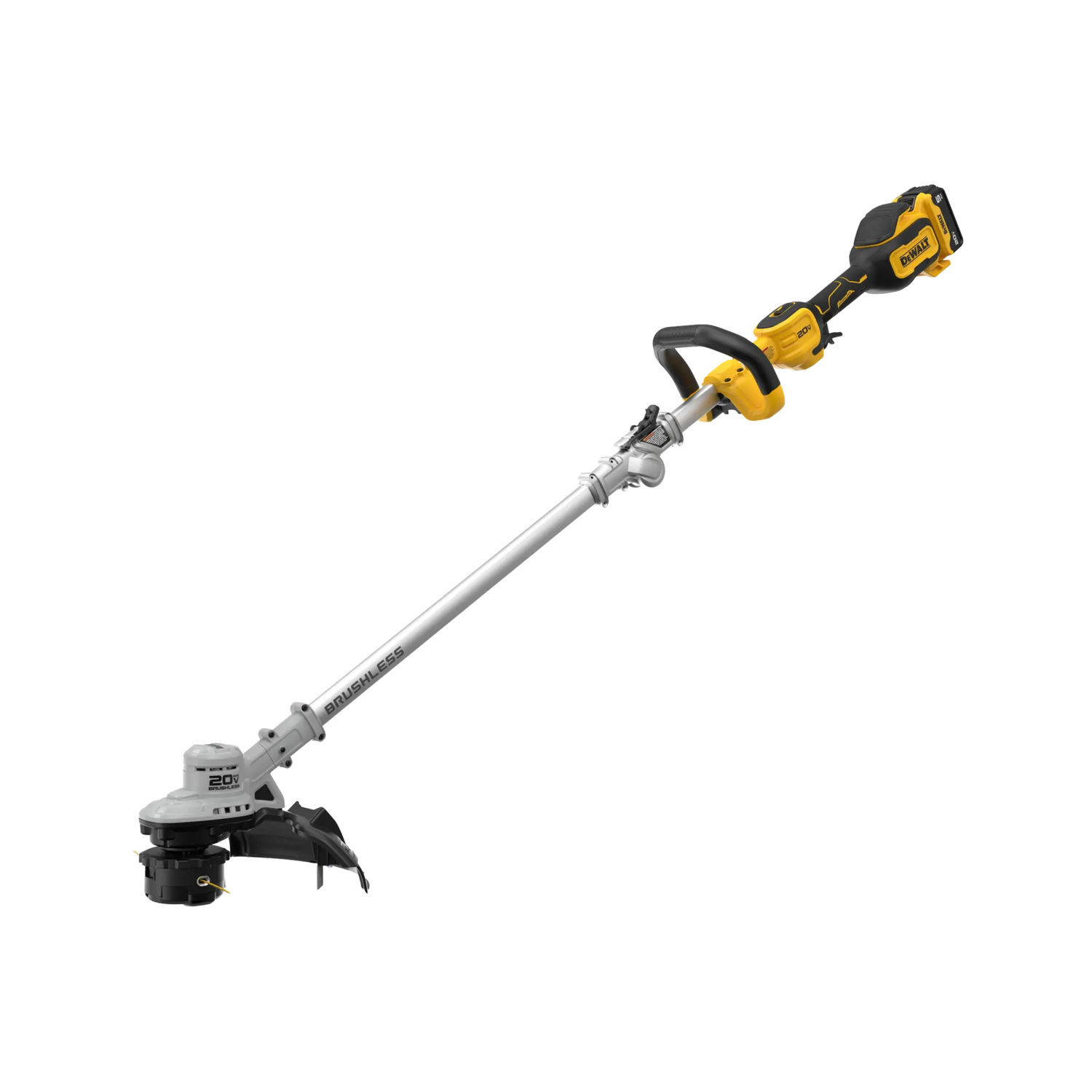 A yellow and black cordless foldable string trimmer kit with DEWALT branding on a white background