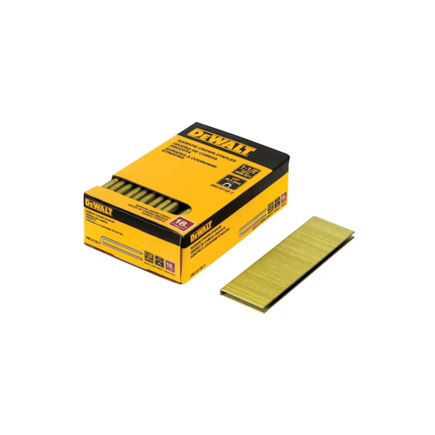 Box of DeWalt staples with a strip of staples on a white background