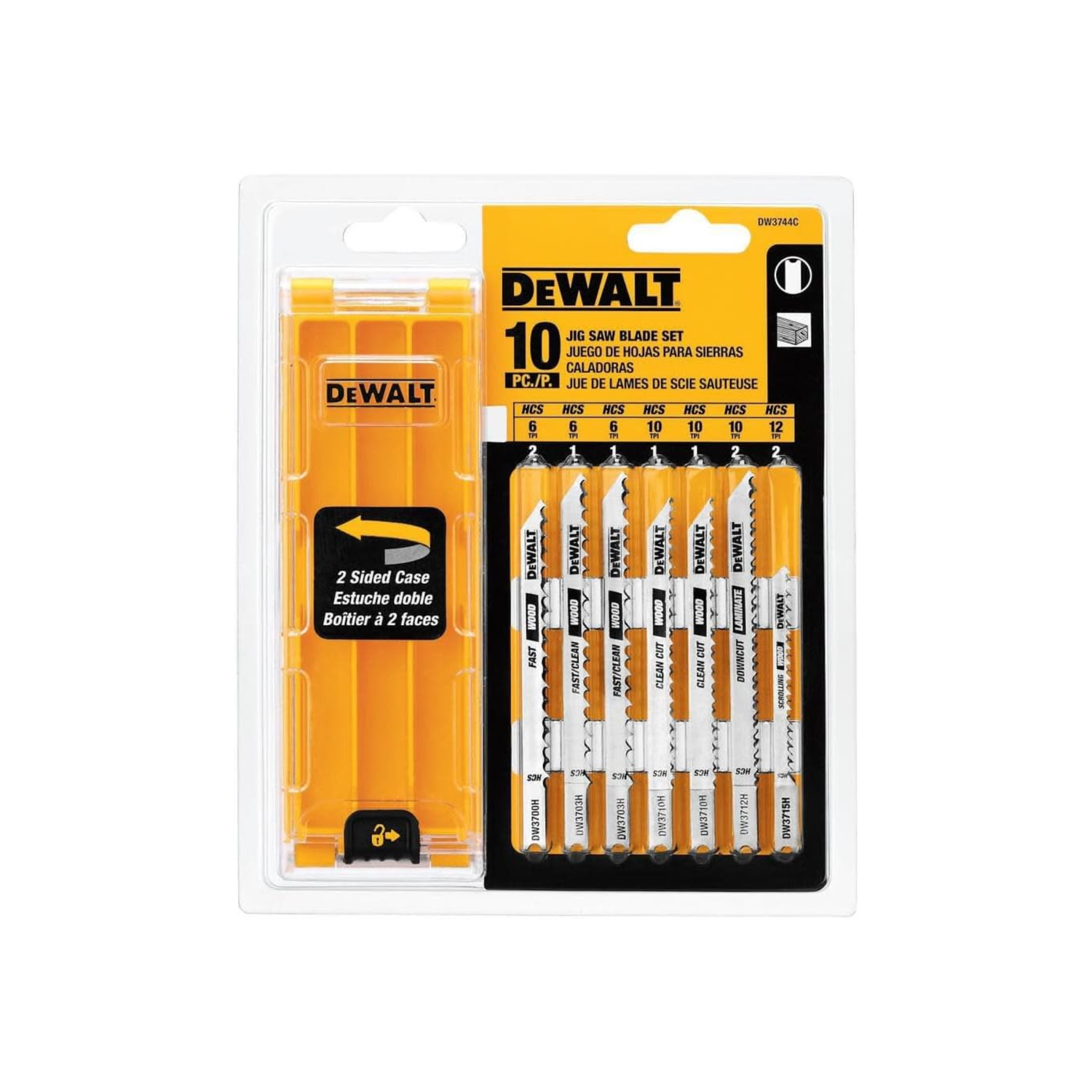 Pack of Dewalt 10-Piece Jigsaw Blade Set with yellow and white packaging on a white background