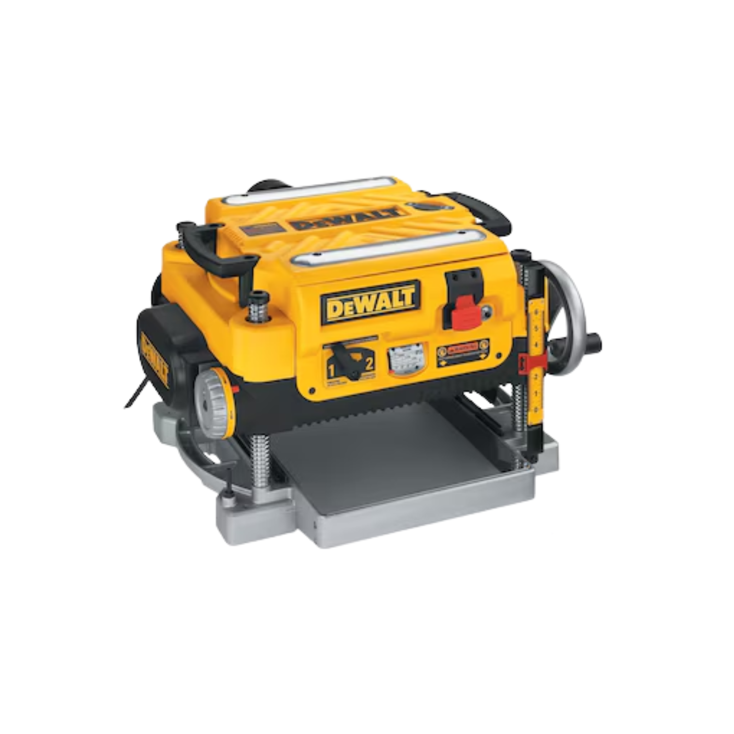 A yellow and black planer with DEWALT branding on a white background