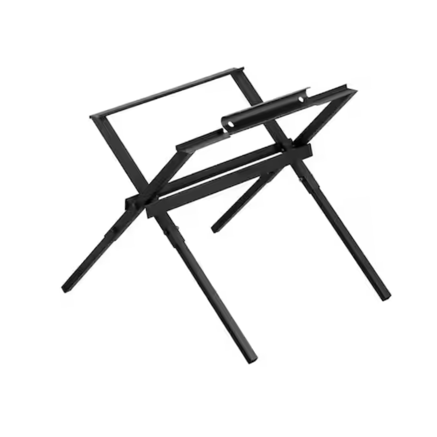 Black metal compact table saw stand on a white background