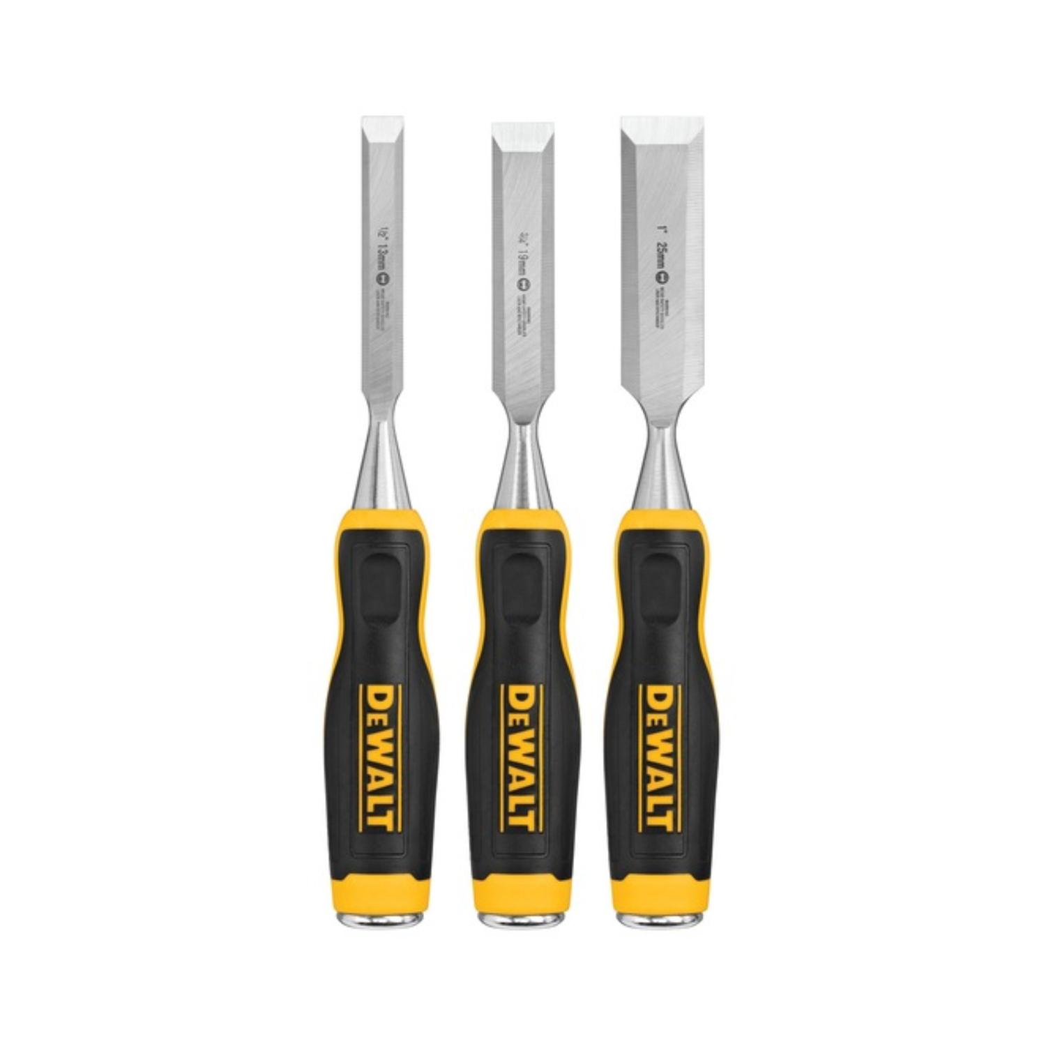 A 3-piece chisel set with black and yellow DEWALT branding on a white background