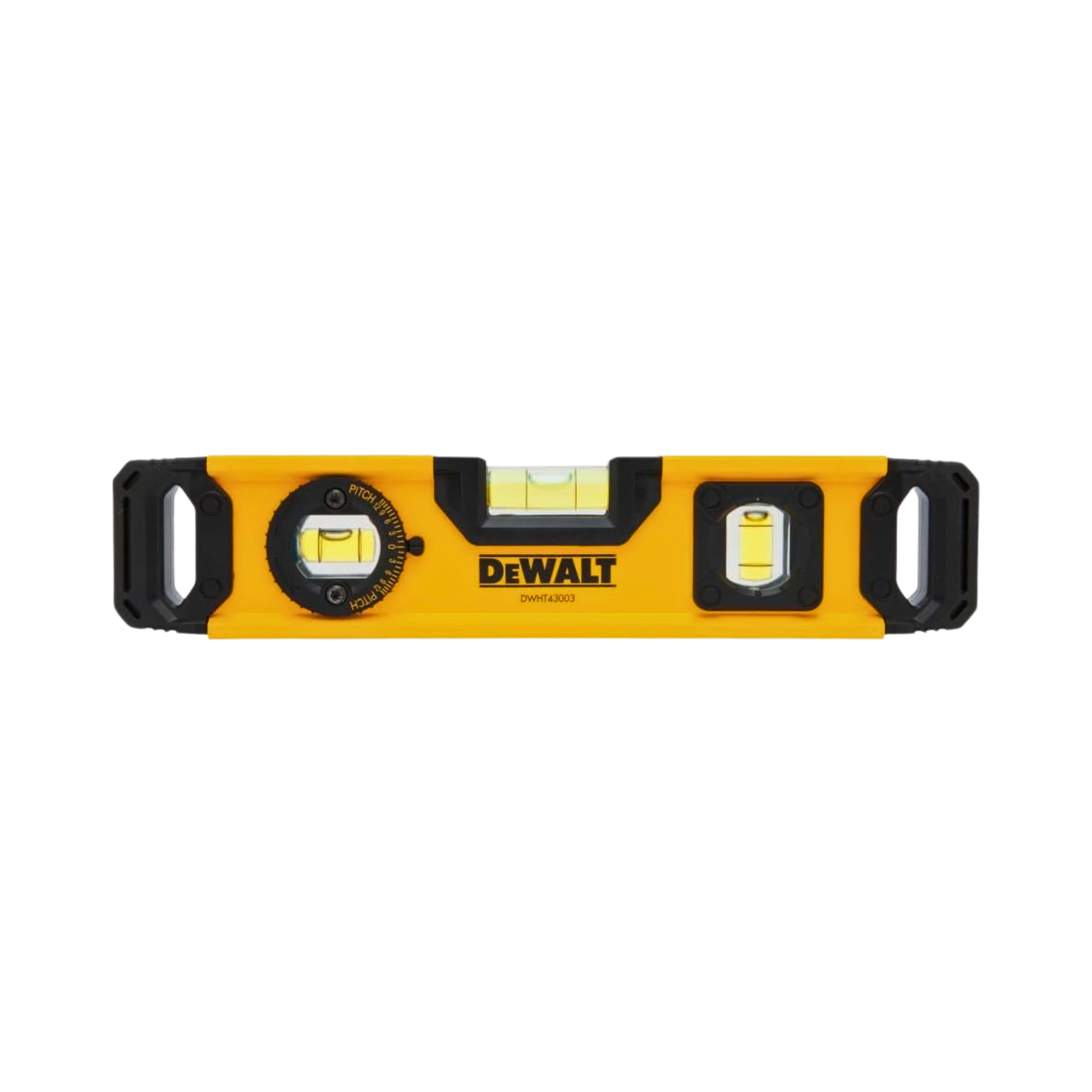 Yellow Dewalt level on a white background
