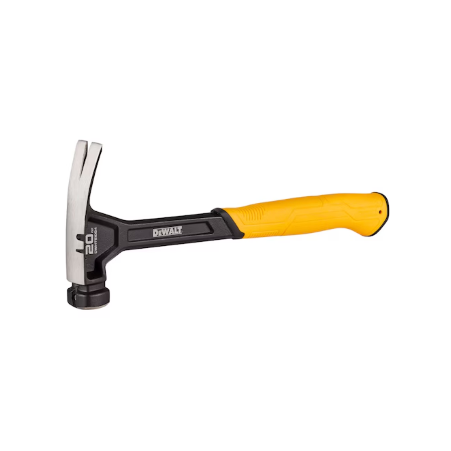 Metal DeWalt hammer with yellow handle on a white background