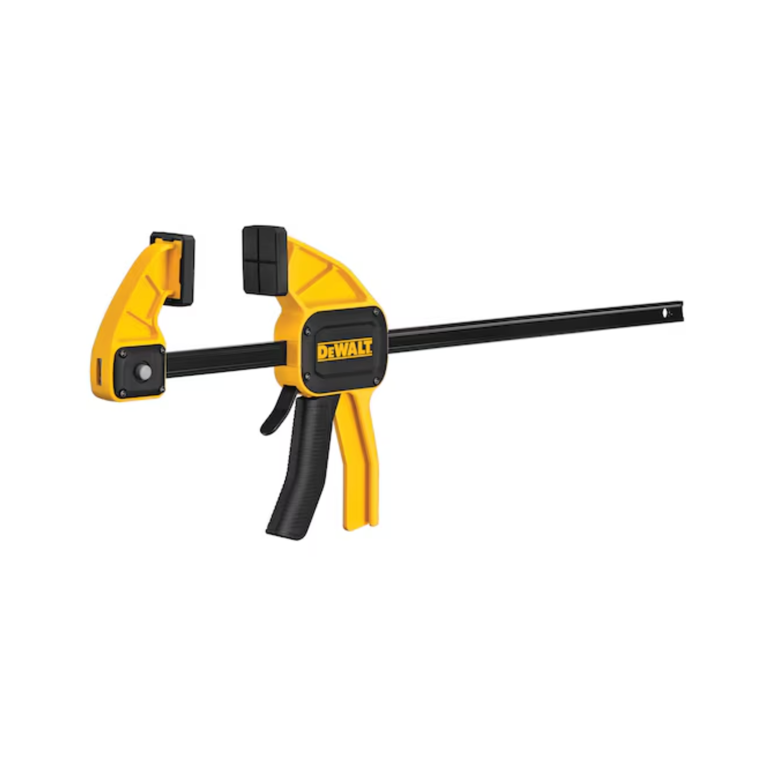 A yellow and black trigger clamp with Dewalt branding on white background