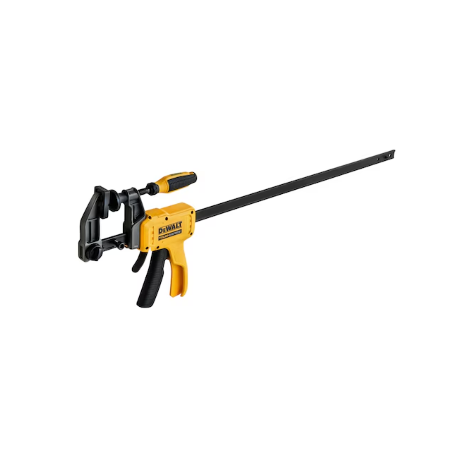 Yellow and black DeWalt clamping tool on a white background