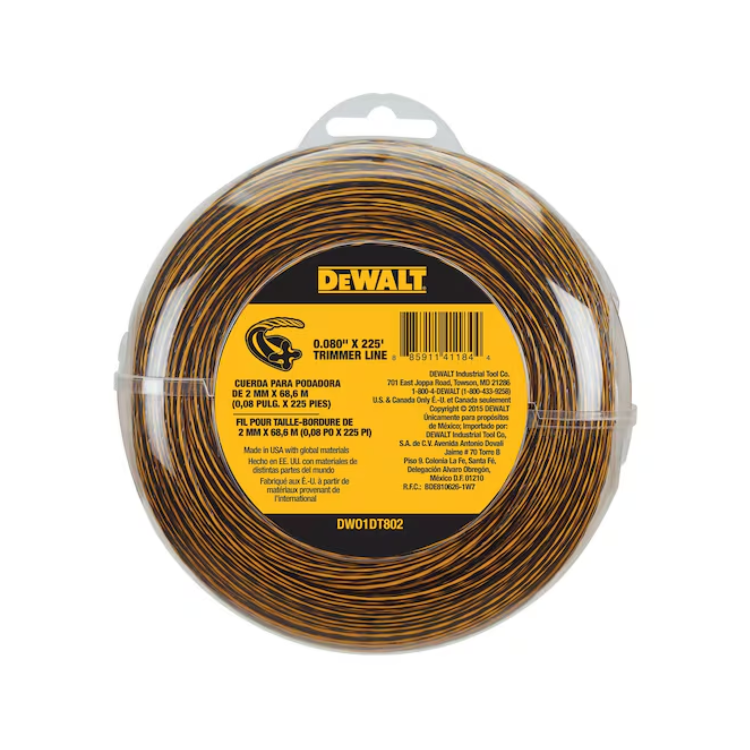 A roll of trimmer line in clear packaging with a yellow DEWALT label on a white background