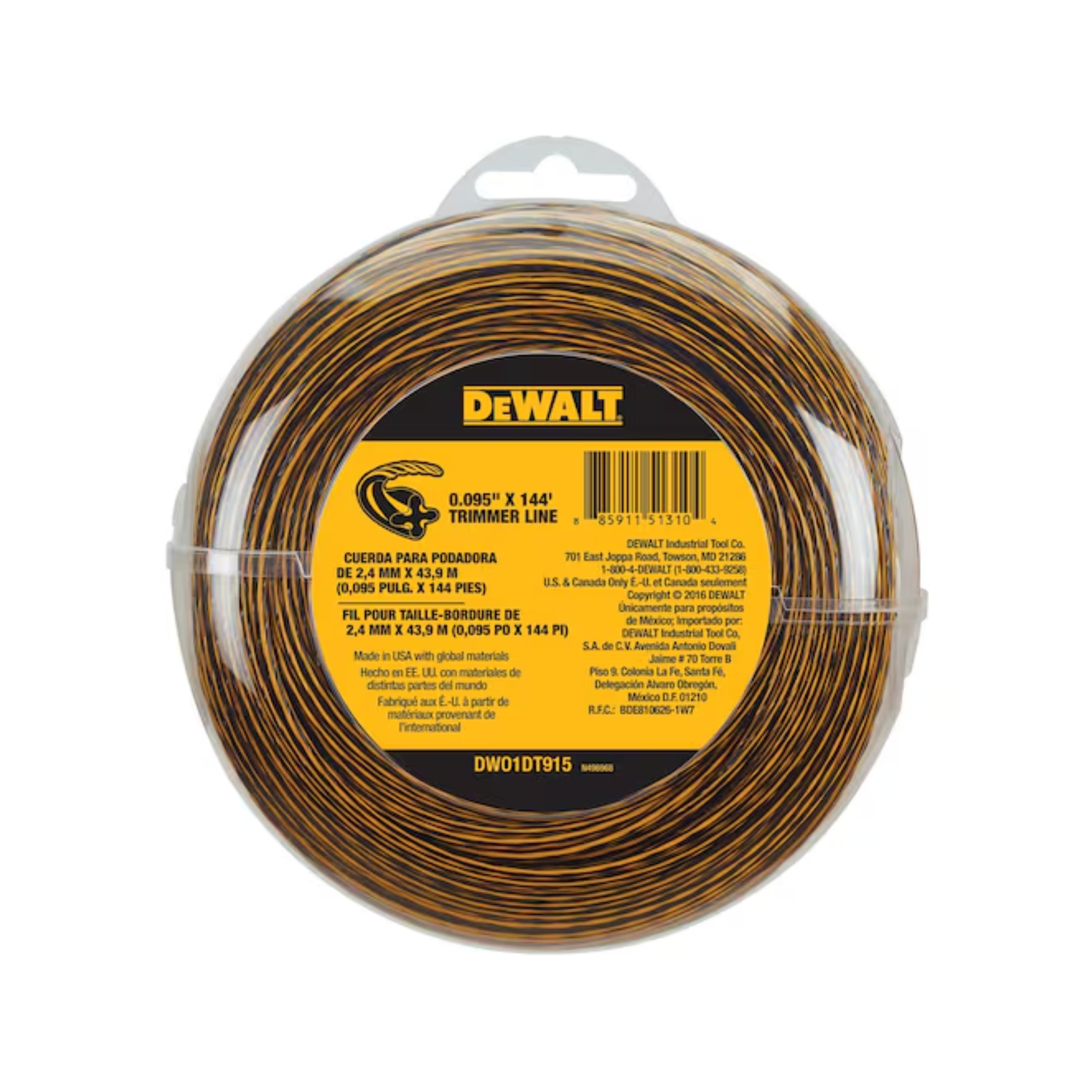 A roll of trimmer line in clear circular packaging with a yellow DEWALT label on a white background