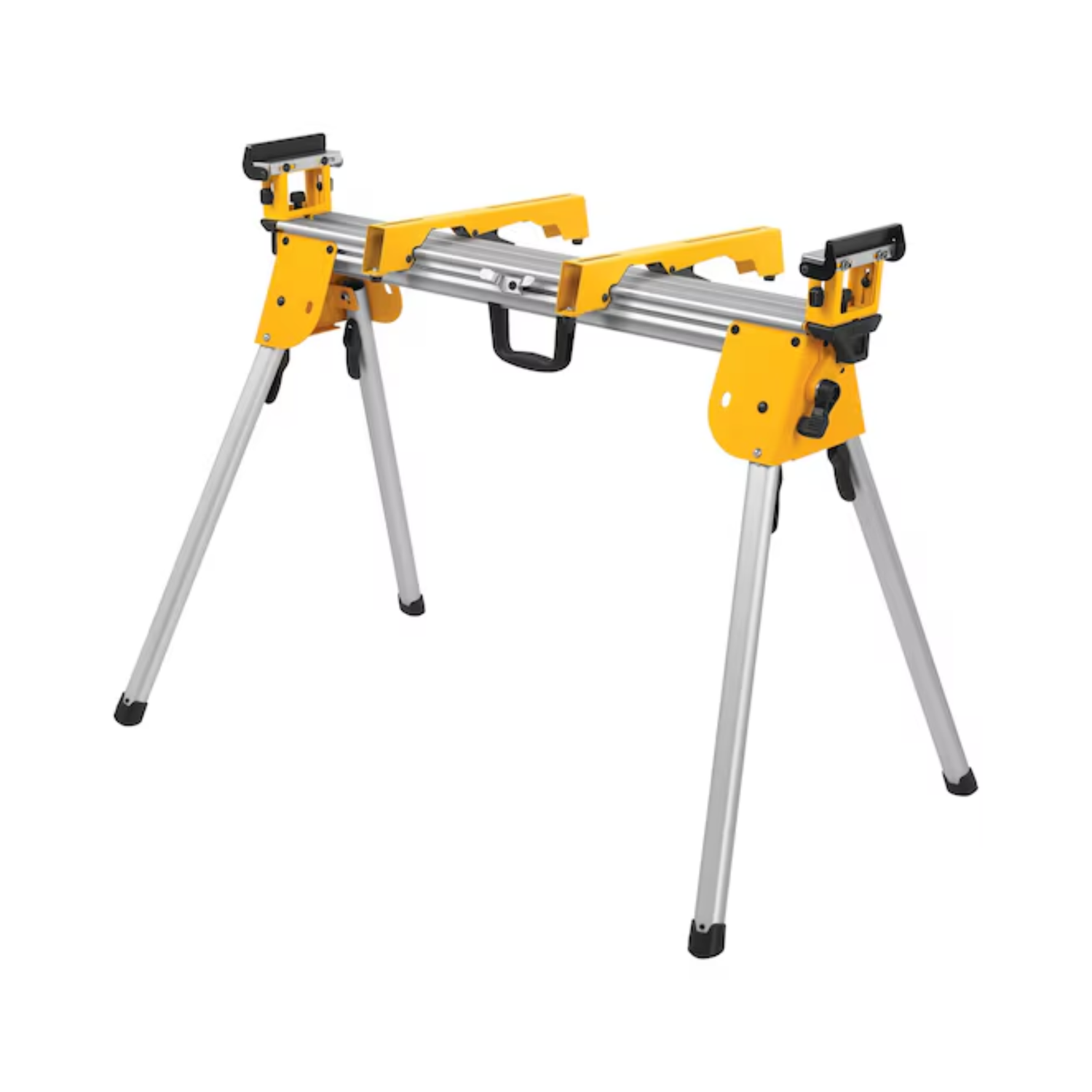 A yellow and metal compact mitre saw stand with black handles on a white background