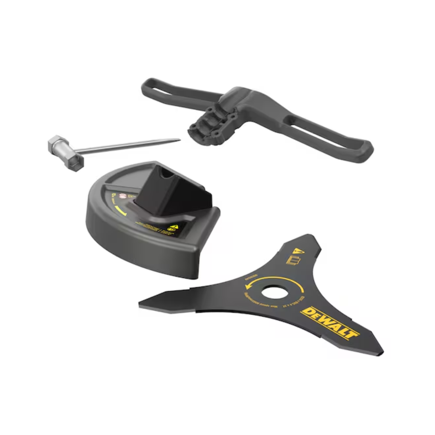 Three black components with yellow DEWALT branding on a white background