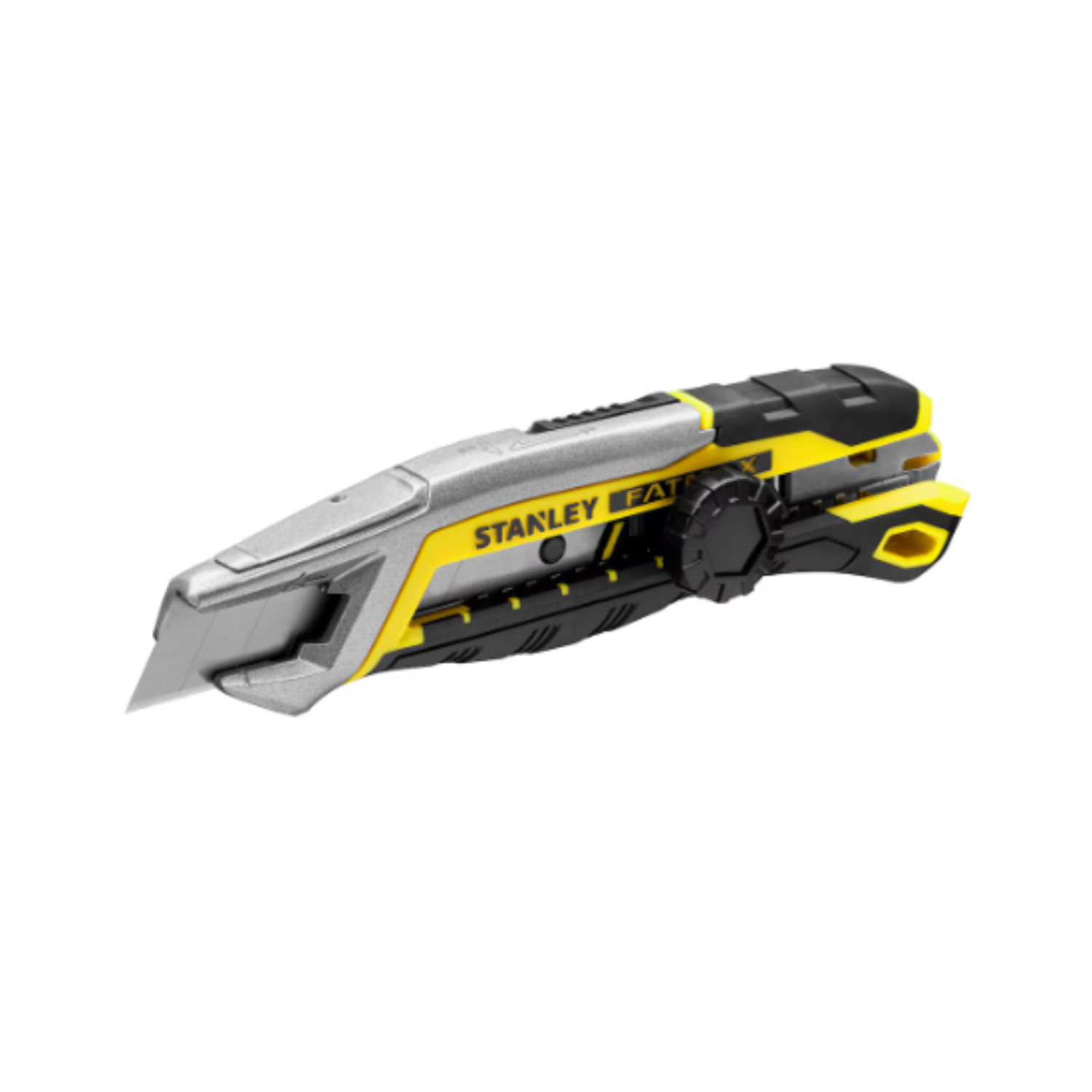 A metal snap knife with yellow and black accents and Stanley branding on a white background