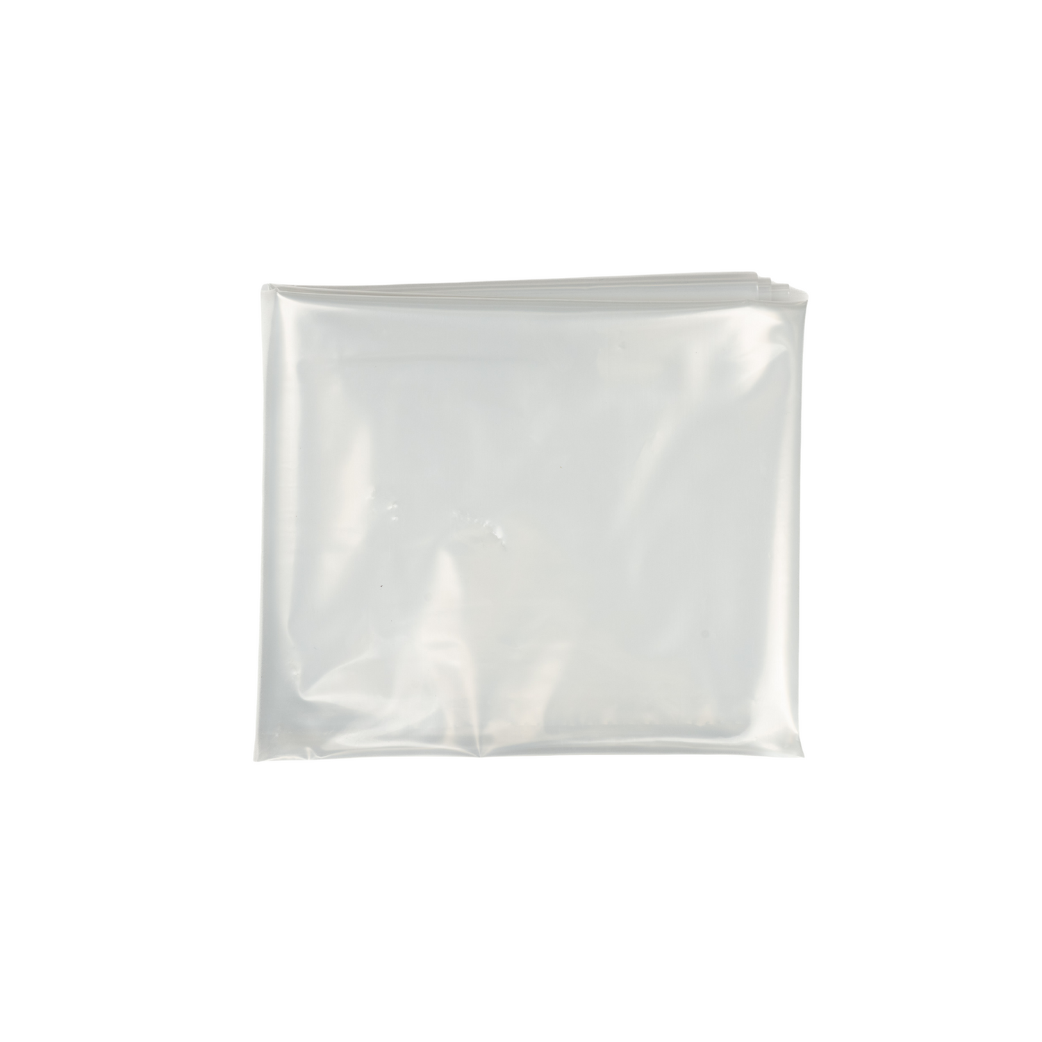 A clear plastic barrel liner folded on a white background