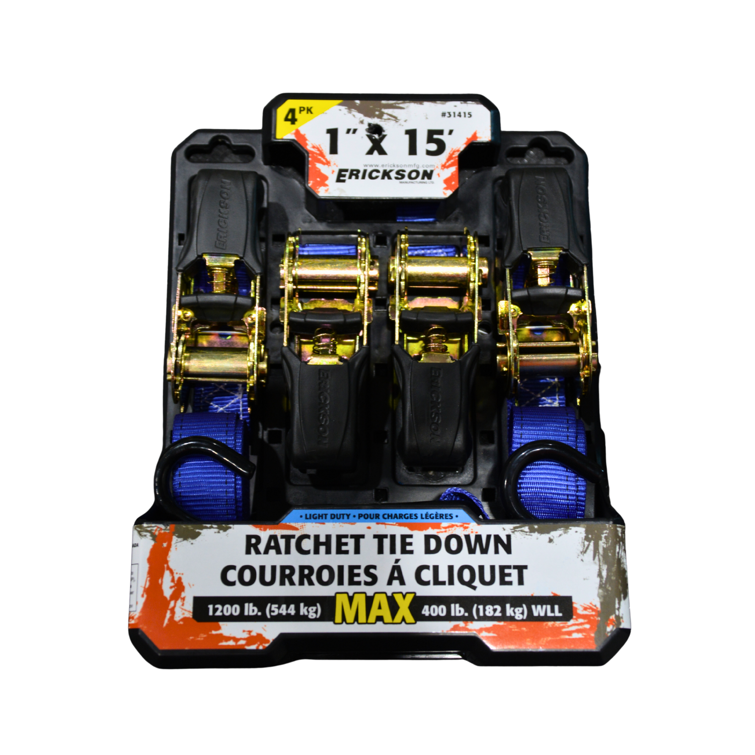 A pack of blue Erickon ratchet tie down straps with black packaging on a white background