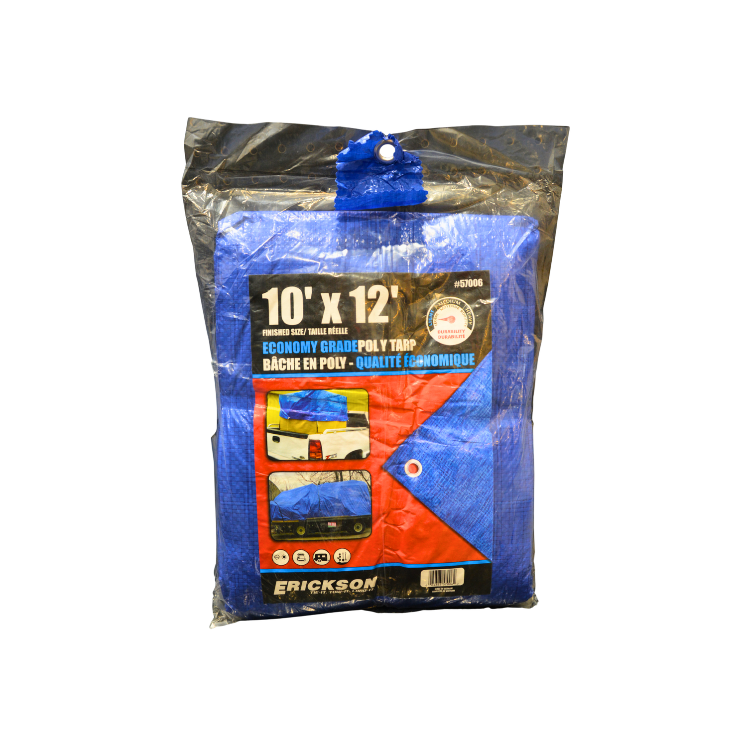 A blue poly trap with a red and black label on a white background