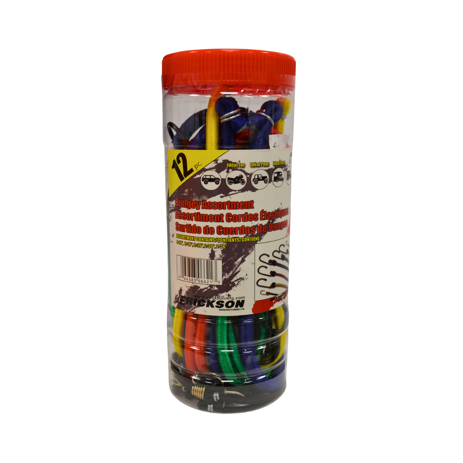 A plastic jar with red lid containing an assorted colour of bungee cords on a white background