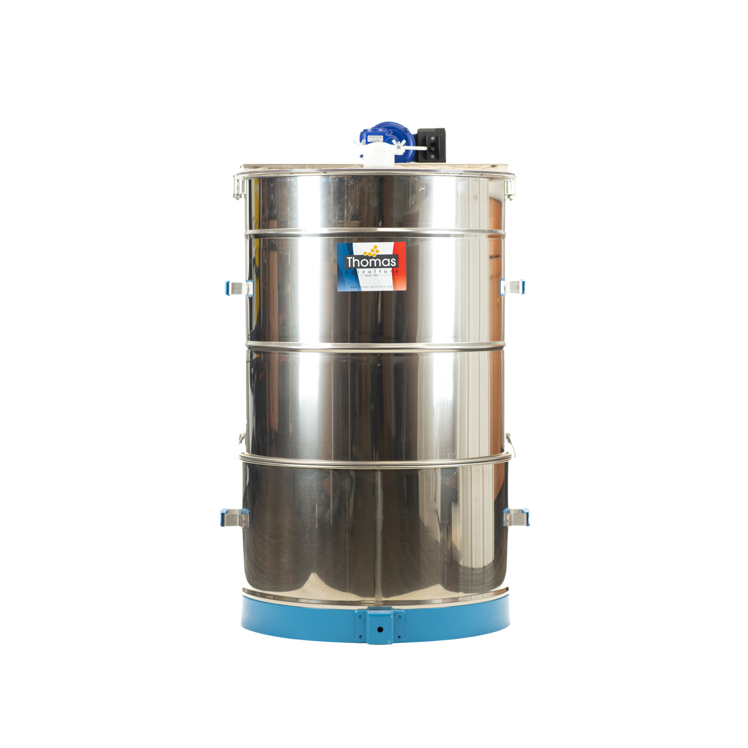 Stainless steel cylindrical tank with blue base on a white background