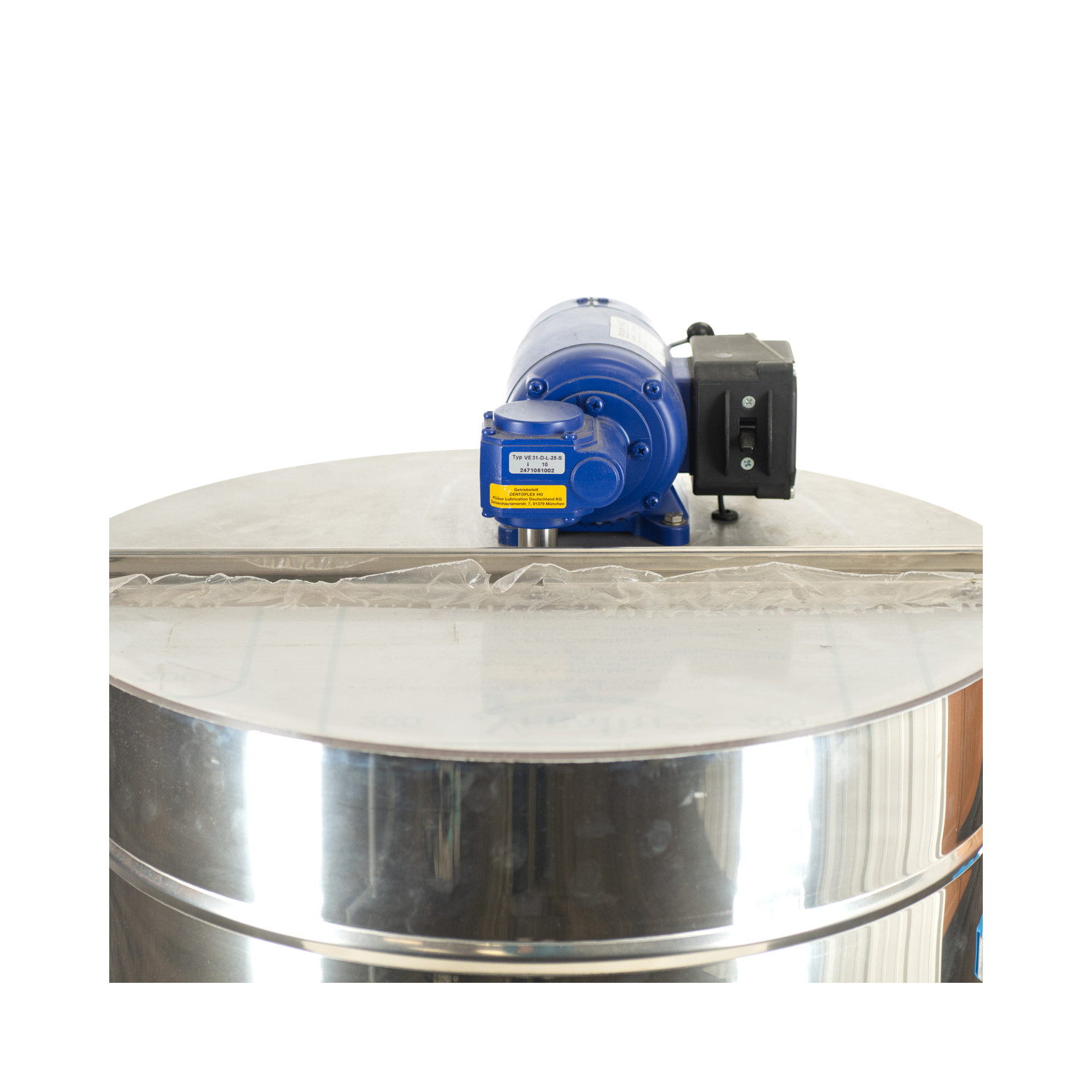 Stainless steel tank with a blue and black pump on a white background
