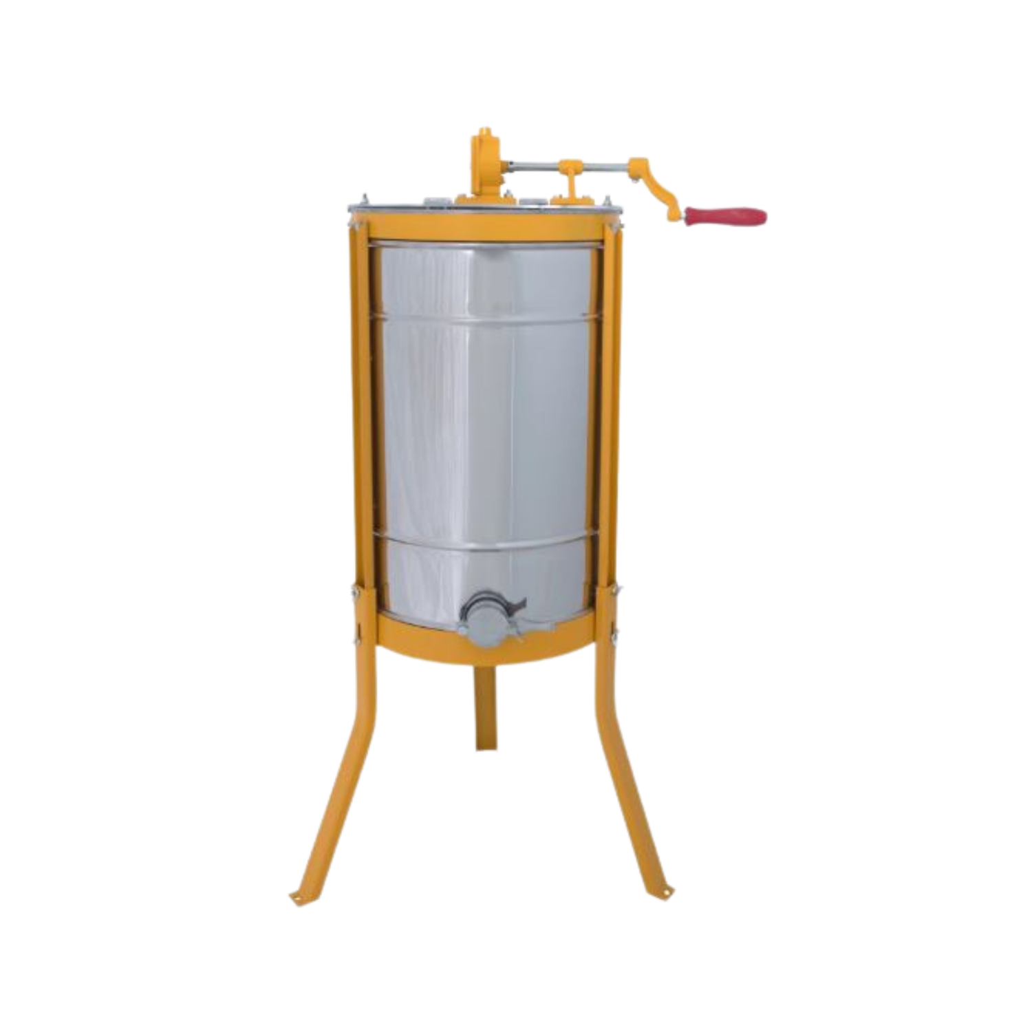 Stainless steel manual honey extractor with a yellow powder-coated frame and three legs, featuring a hand crank with a red handle at the top and a honey gate valve at the bottom, shown against a white background.