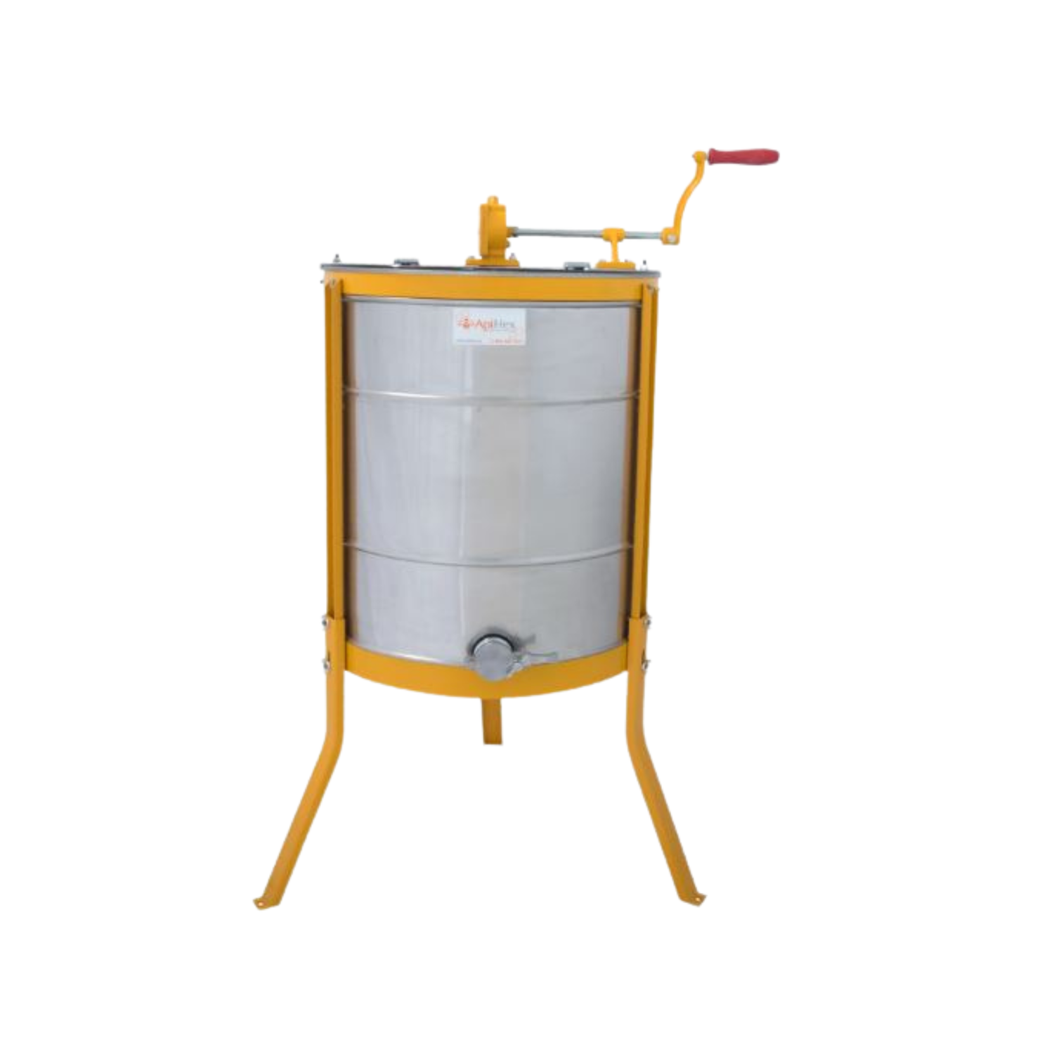 Stainless steel manual honey extractor labeled “ApiHex,” featuring a yellow powder-coated frame with three legs, a hand crank with a red handle mounted at the top, and a bottom honey gate valve, shown on a white background.