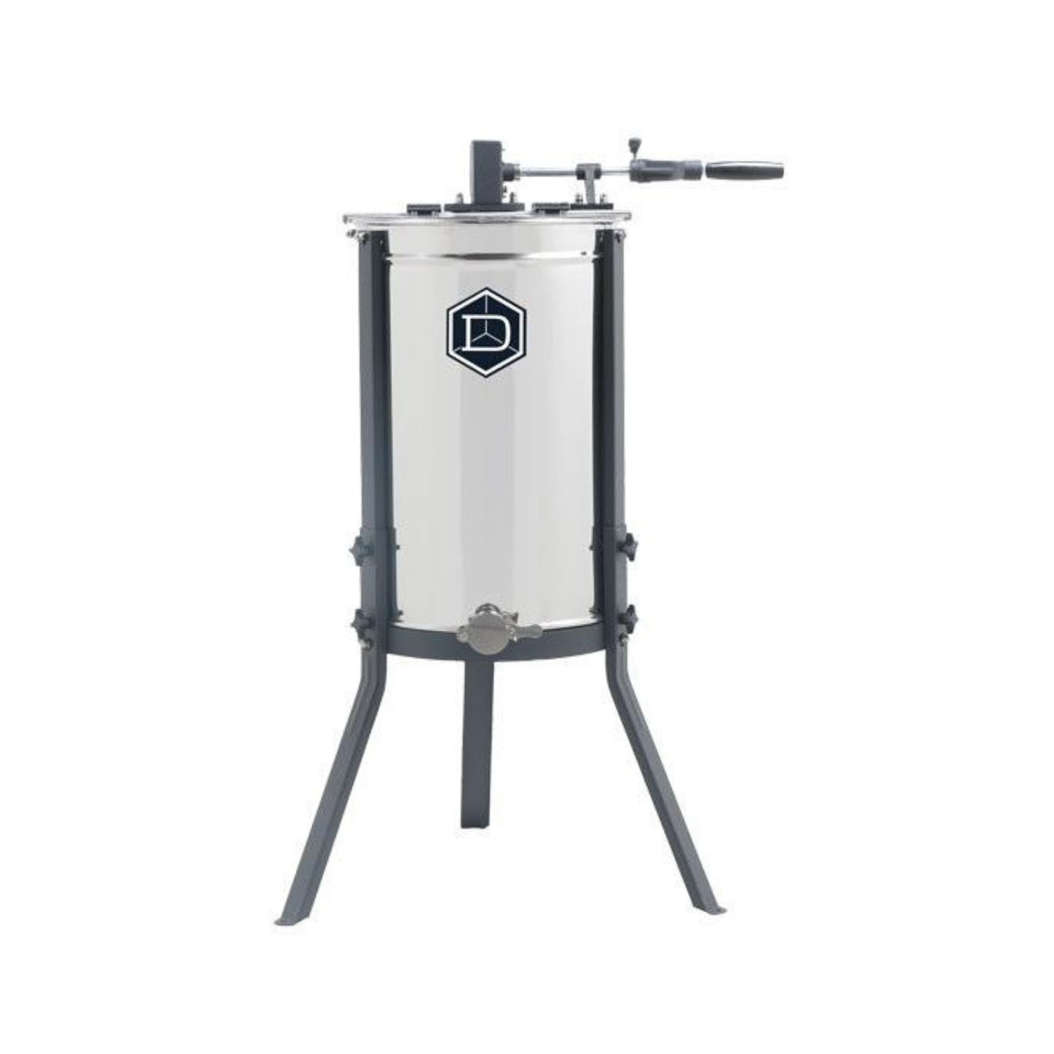 Stainless steel Dadant 2-frame hand-crank honey extractor with a manual handle on top. The extractor has a tall cylindrical drum, three sturdy metal legs, and a bottom honey gate, featuring the Dadant logo on the front.