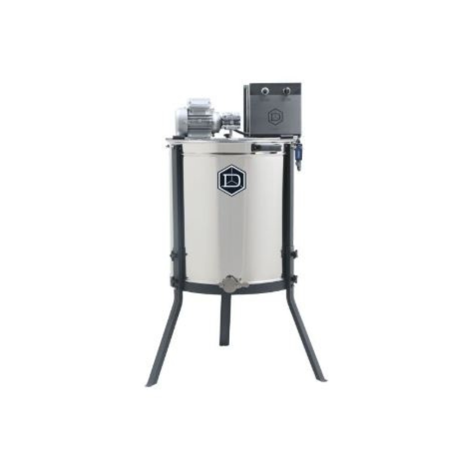 Stainless steel electric honey extractor on a stand on a white background