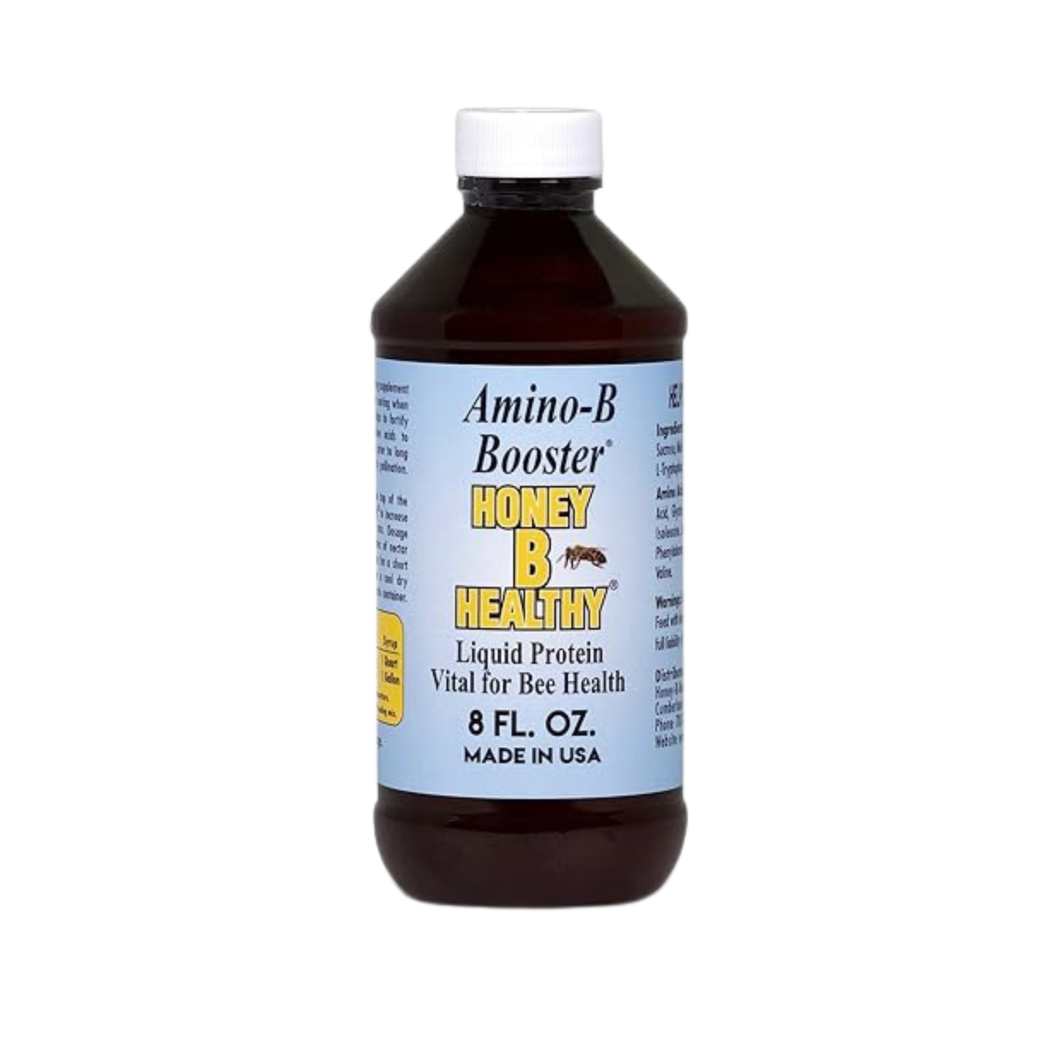 8-fluid-ounce bottle of Honey B Healthy Amino-B Booster for bees, a dark liquid in a plastic bottle with a white screw-top lid and a blue label reading “Amino-B Booster Honey B Healthy,” described as a liquid protein vital for bee health and made in the USA.