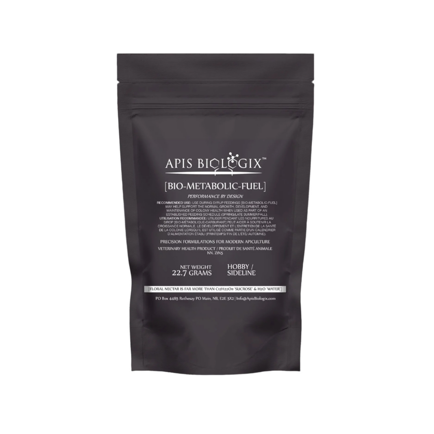A 22.7 gram bag of Apis Biologix Bio-Metabolic Fuel for honeybees.