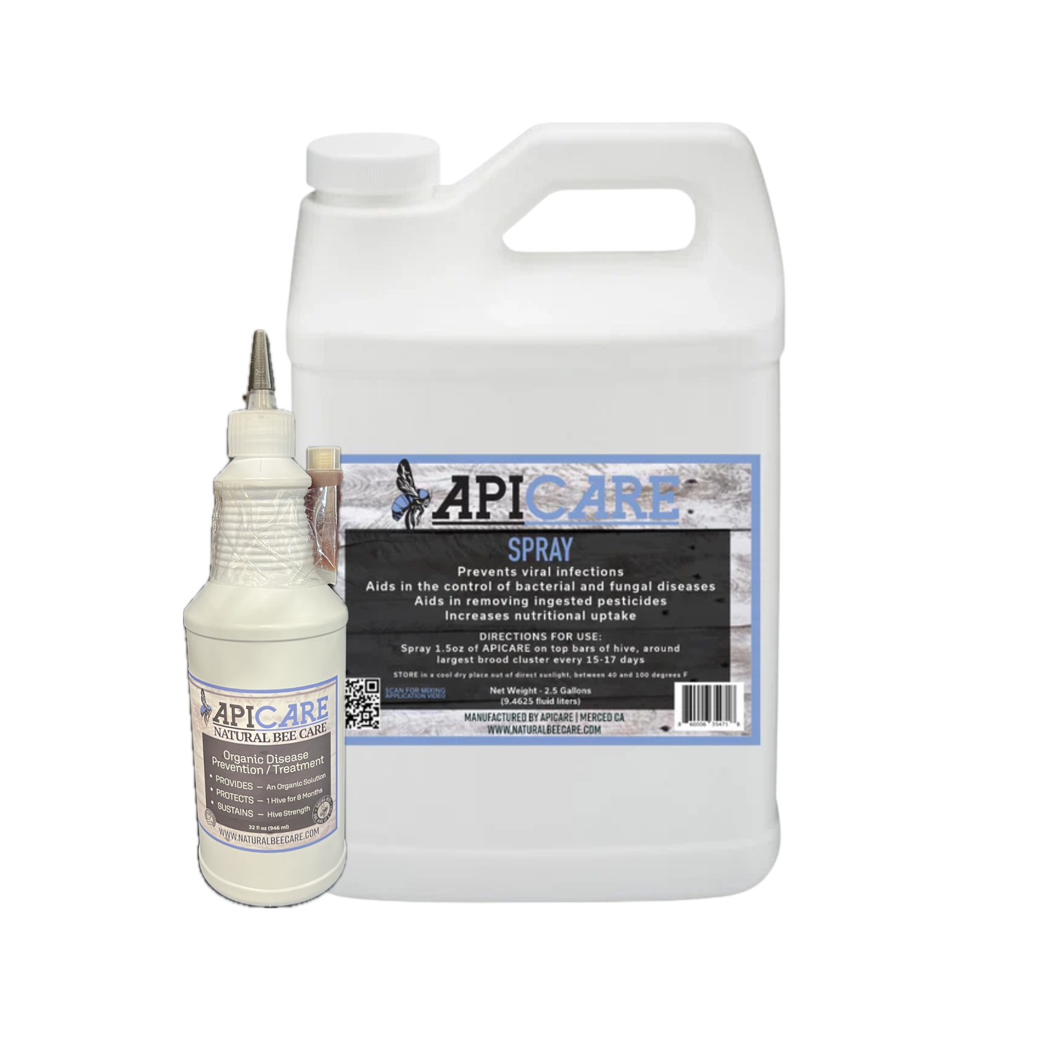 A white plastic jug of APICARE SPRAY with a large front label, shown next to a smaller white spray bottle with a pointed nozzle on a plain white background.